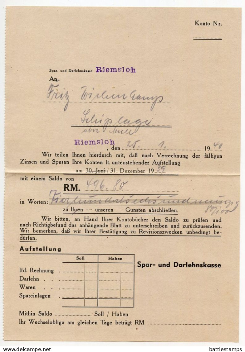 Germany 1940 Cover W/ Letter & Invoice; Bruchmühlen (Kr. Herford) - Spar- Und Darlehnskasse, Riemsloh; 12pf. Hindenburg - Lettres & Documents