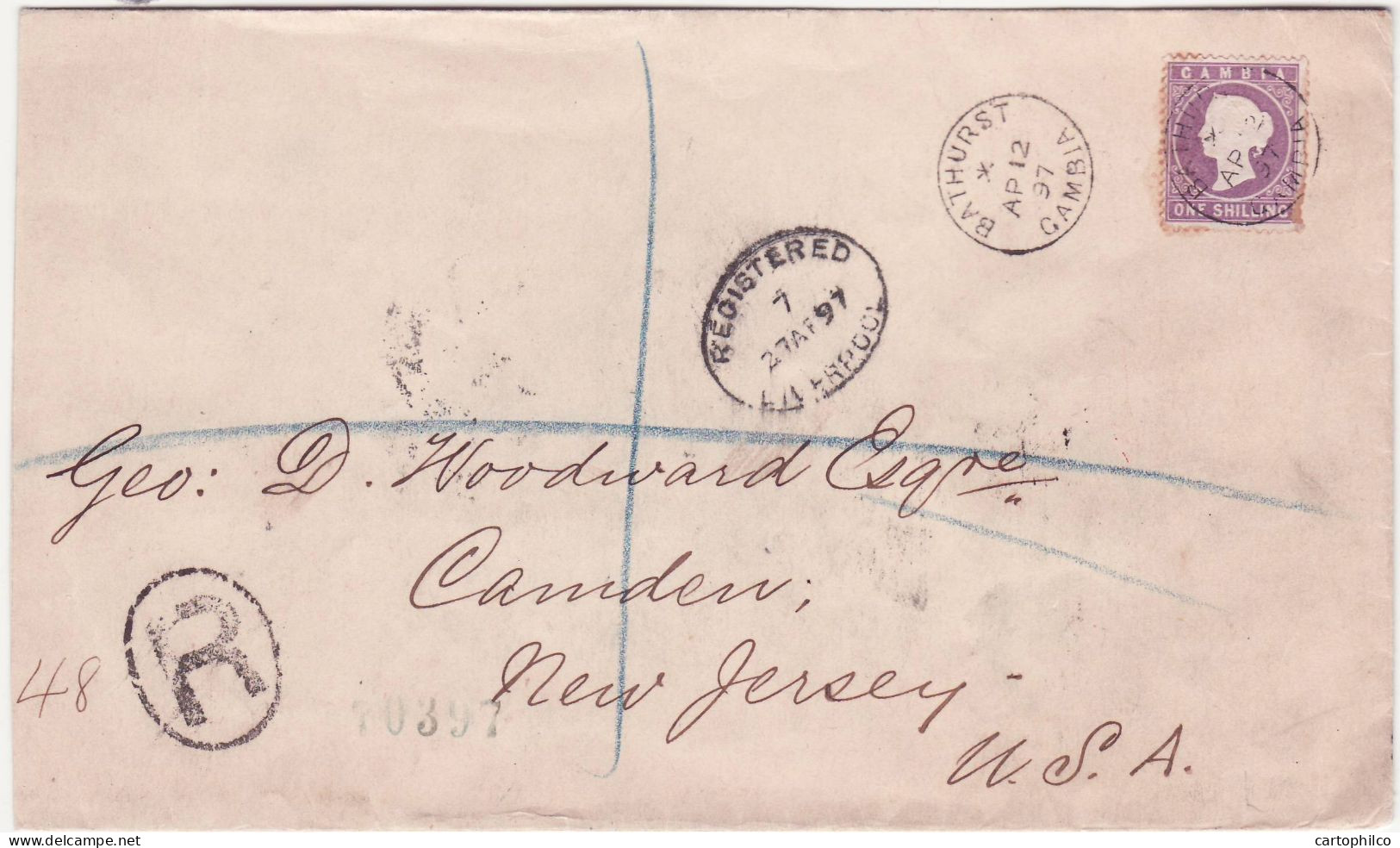 Gambia Registered Cover With Cameo 1s 12 AP 1897 Bathurst For Camden New Jersay USA - Gambia (...-1964)