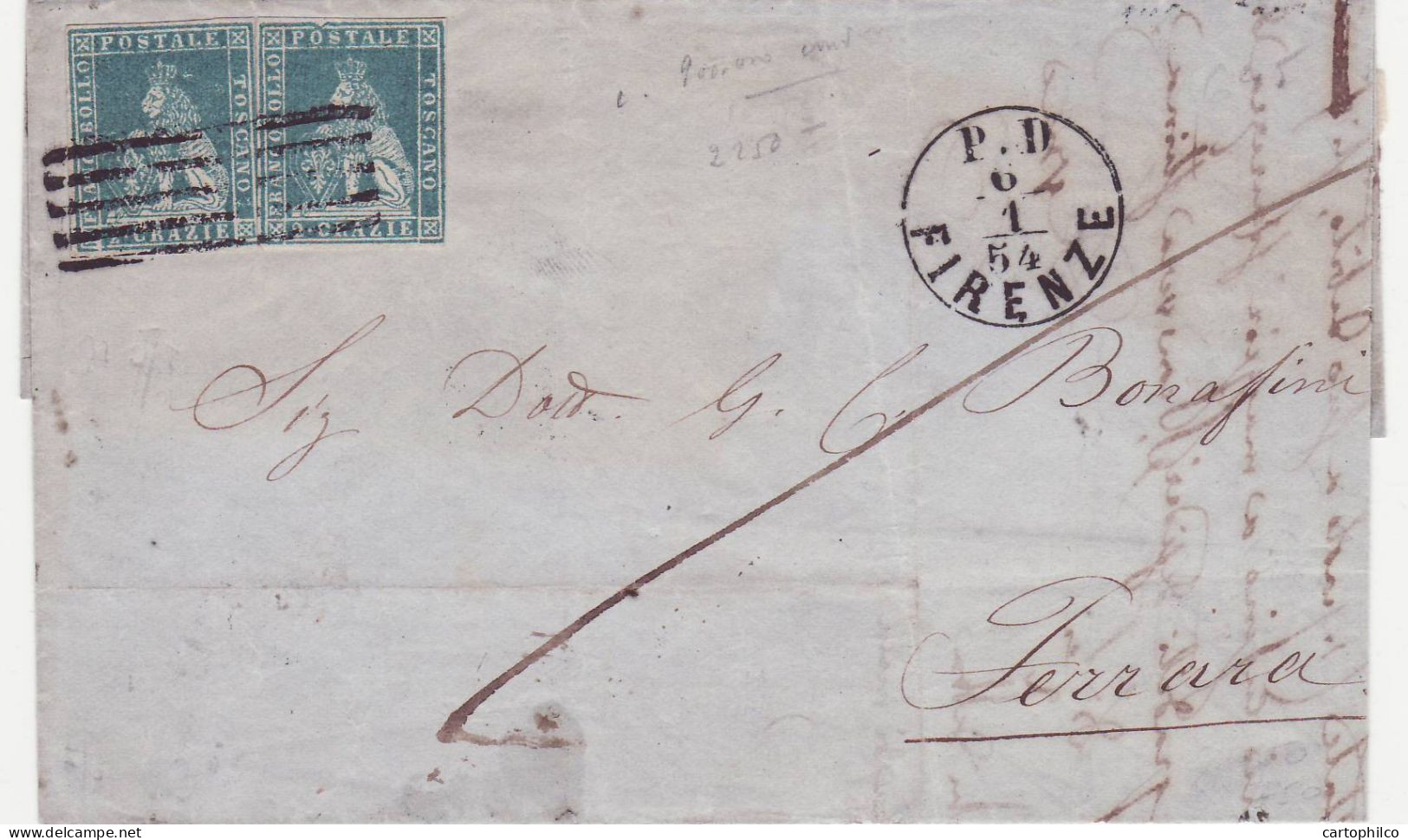 Italy Firenze Florence Tuscany Lovely Cover With 2 Blue Stamp Definitives For Ferrara 1854 - Tuscany