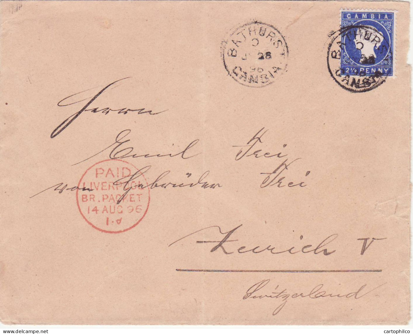 Gambia Registered Cover 2 1/2d Bathurst 1896 For Zurich Switzerland - Gambia (...-1964)