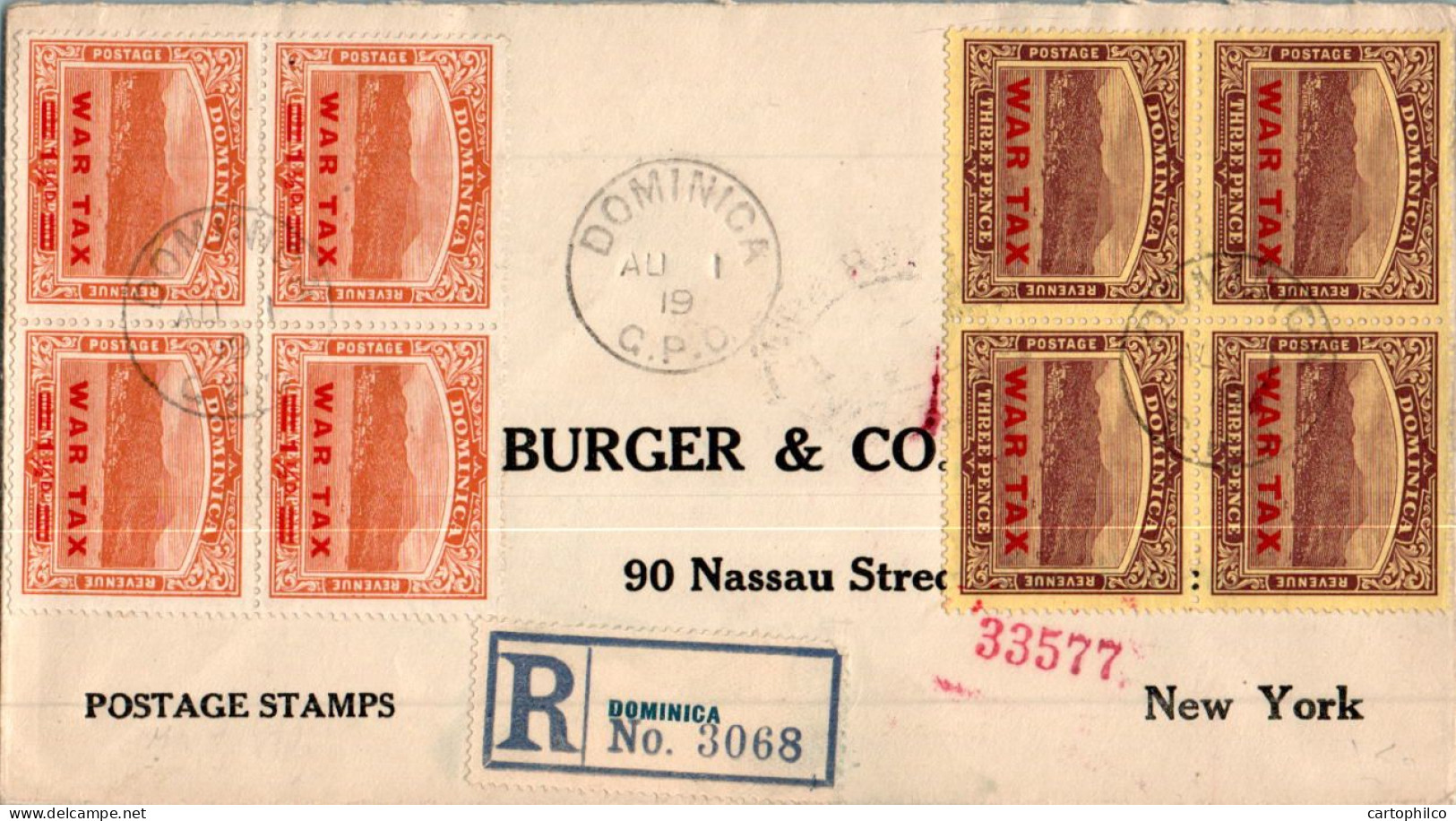 Dominica Cover 2 Blocks Of 4 WAR TAX Cancel For Burger Nassaut Street New York US 1919 - Dominica (...-1978)
