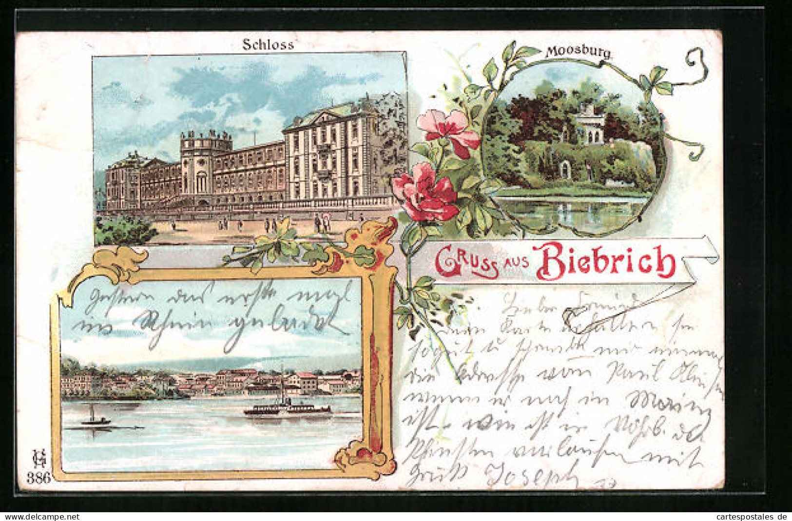 Lithographie Biebrich, Schloss, Moosburg, Schiffe  - Sonstige & Ohne Zuordnung