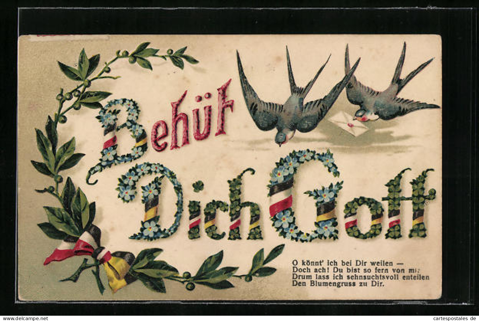 Präge-AK Behüt Dich Gott Mit Blumen Und Schwalben Mit Brief  - War 1914-18