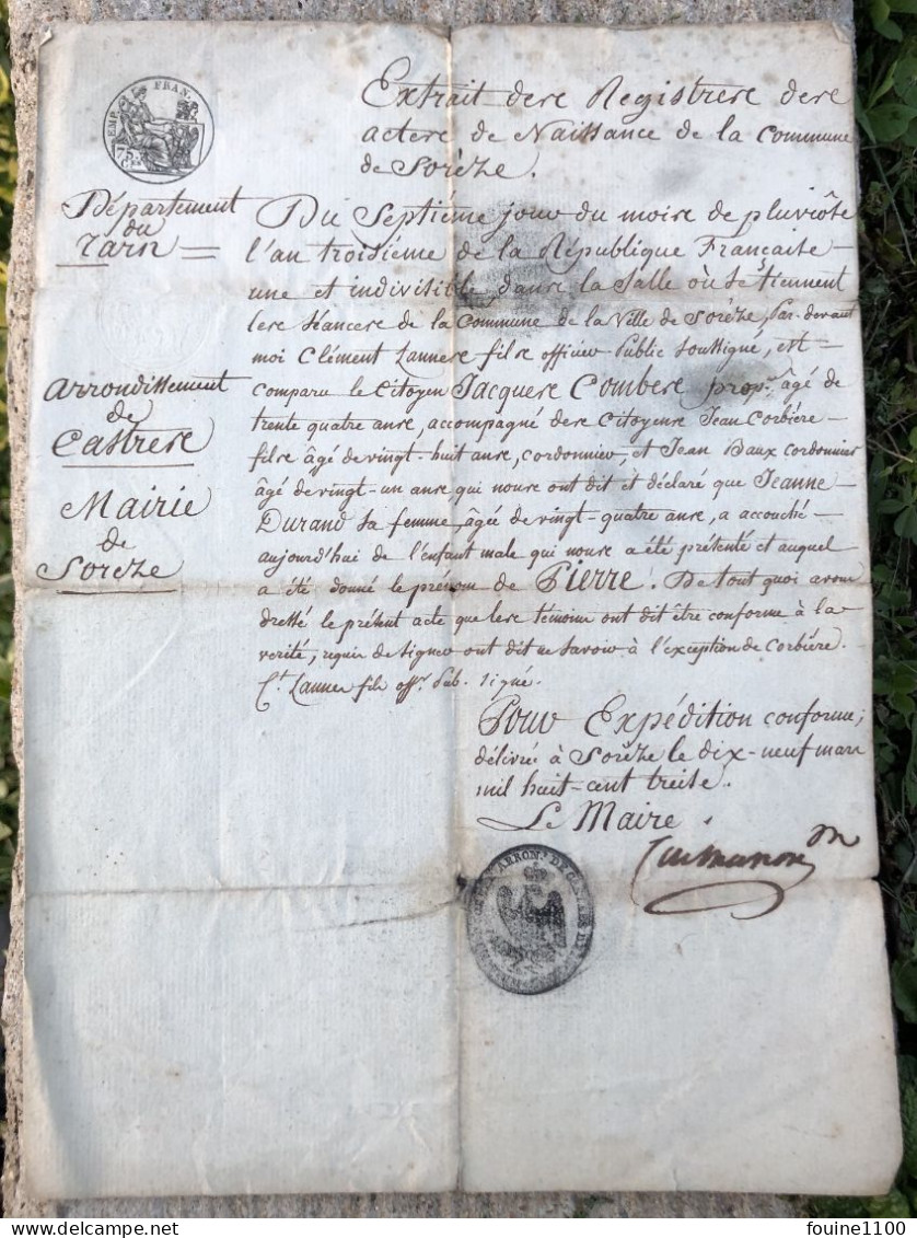 Année 1813 Acte De Naissance De La Commune De SOREZE 81 Tarn Signé Par Le Maire - Documenti Storici