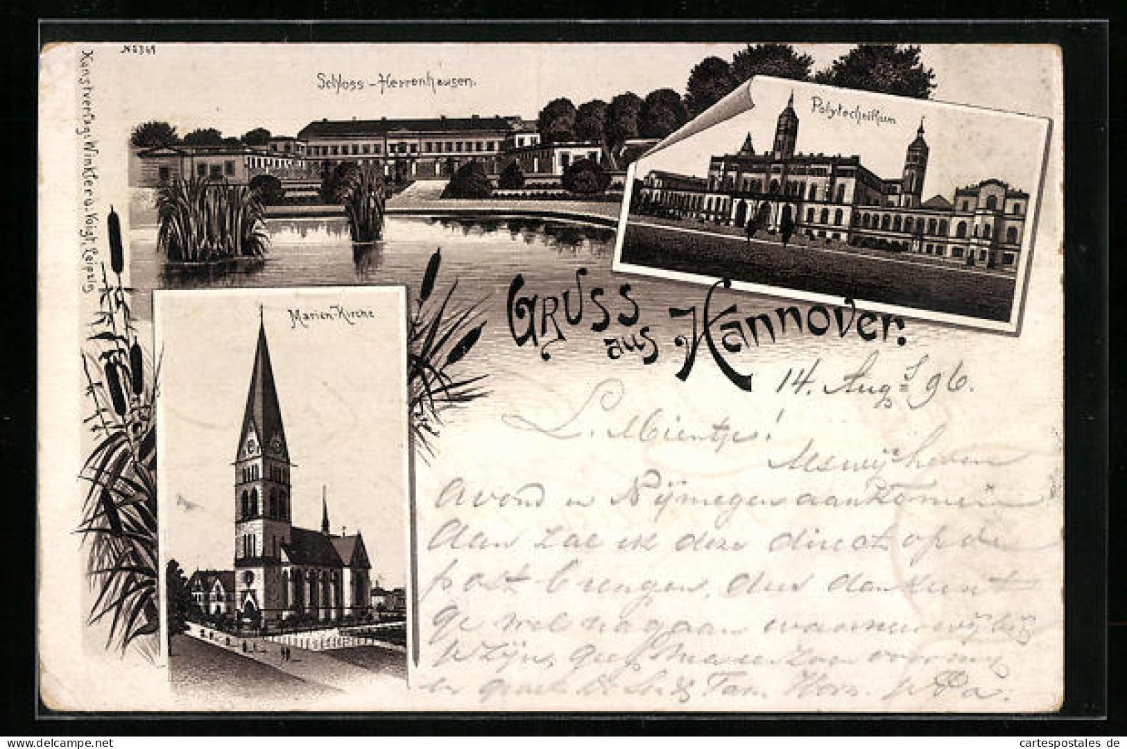 Lithographie Hannover, Schloss-Herrenhausen, Polytechnikum, Marien-Kirche  - Hannover