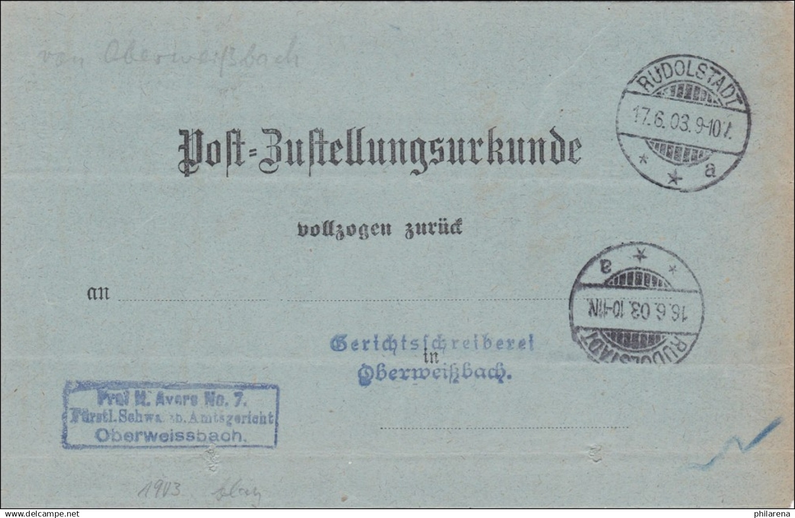 Postzustellurkunde Rudolstadt 1903 Nach Oberweißbach - Covers & Documents