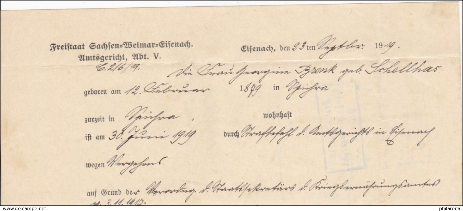 Amtsgericht Eisenach 1919 - Lettres & Documents