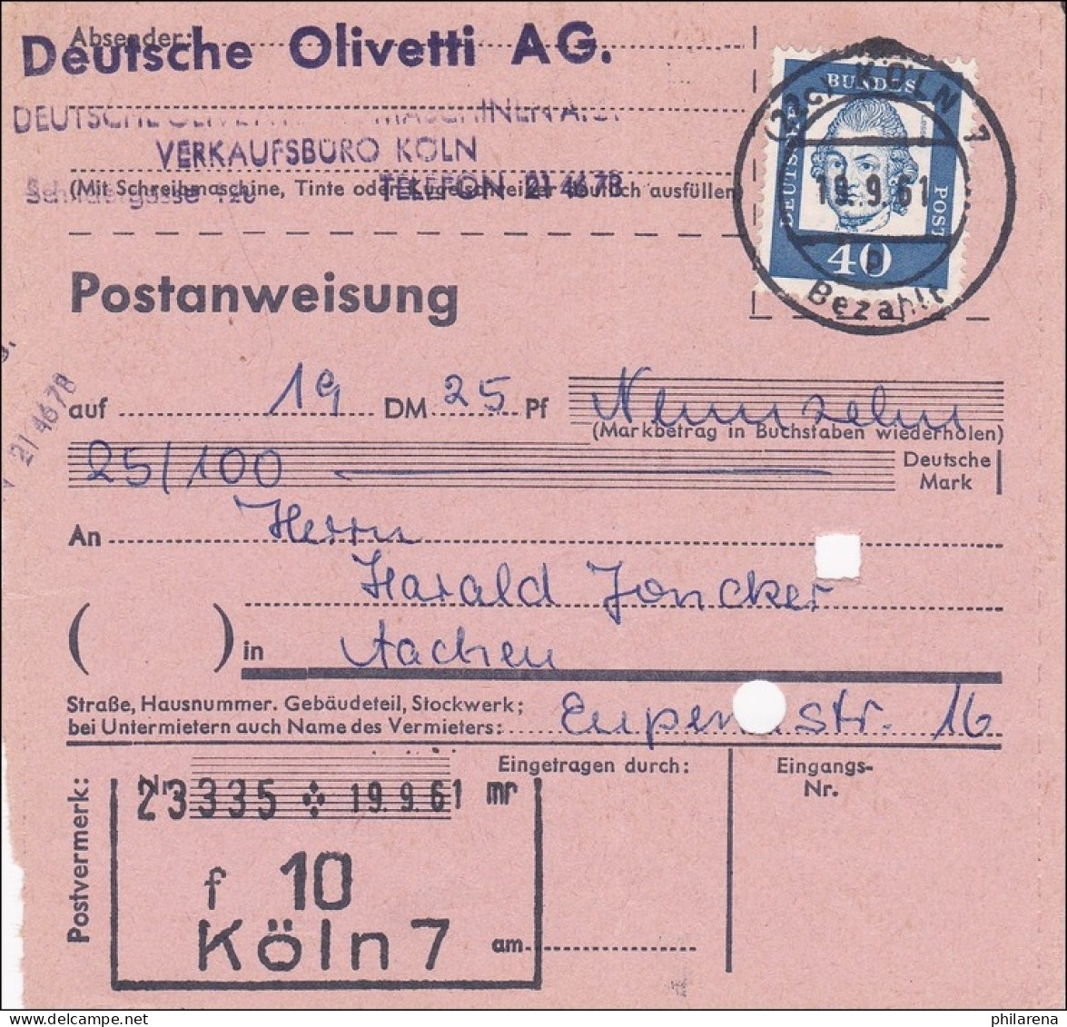 Postanweisung Olivetti AG Köln Nach Aachen - Einzelfrankatur 1961 - Lettres & Documents