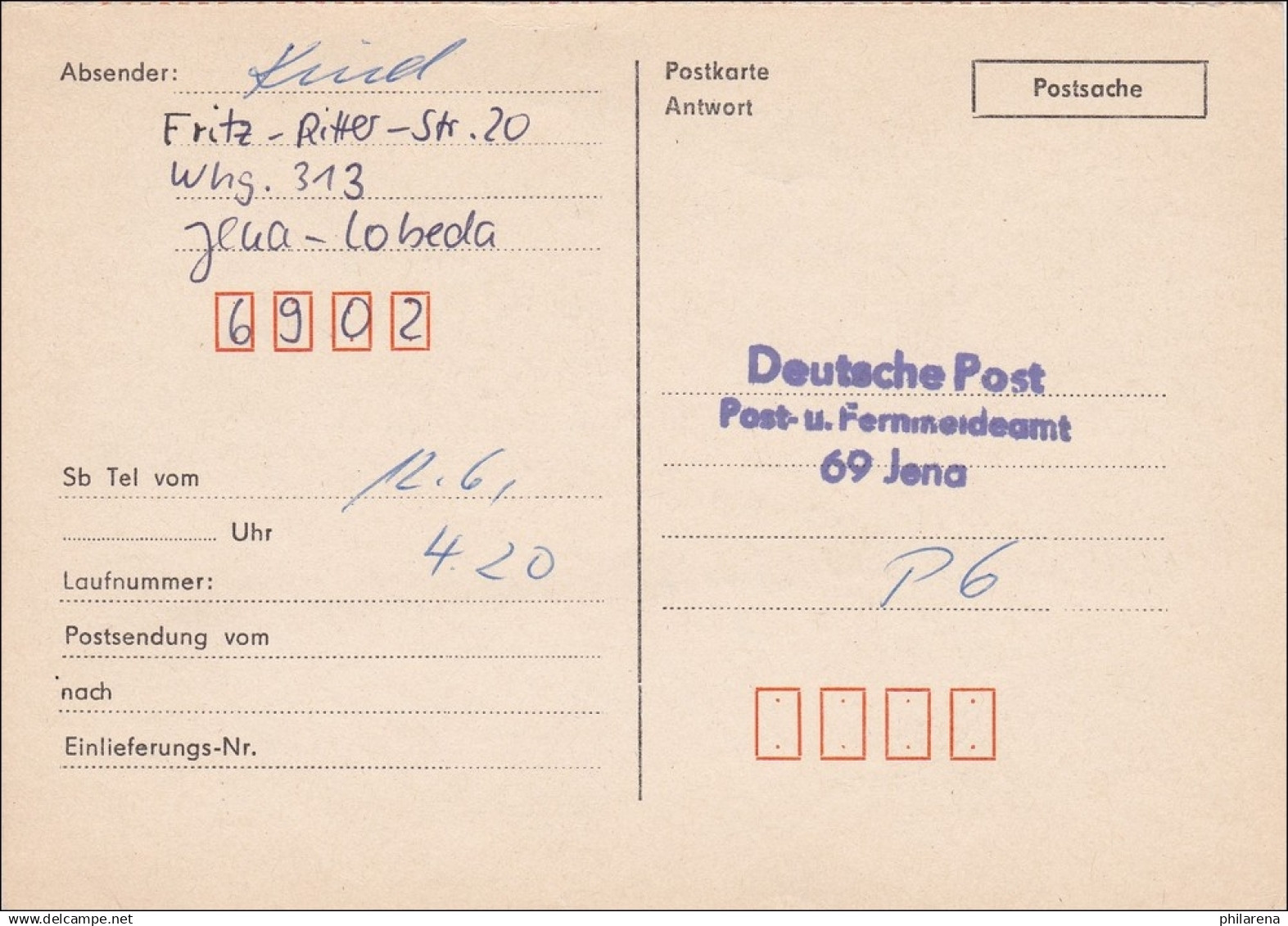 DDR:  Antwortpostkarte Als Postsache Jena - Briefe U. Dokumente