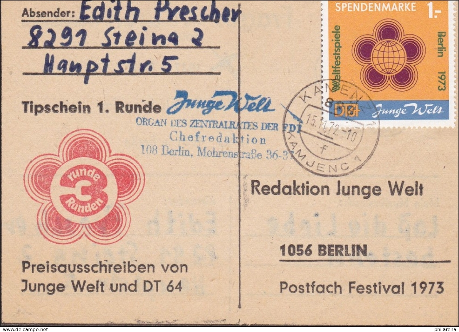 DDR:  1972: Tipschein Aus Steina Nach Berlin - Redaktion Junge Welt, FDJ - Storia Postale