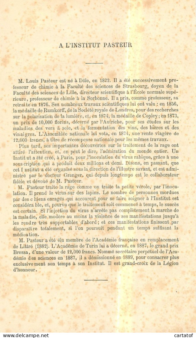 Image (litho) INOCULATION DE LA RAGE A L'INSTITUT PASTEUR . Illustration E. MAS . Texte Explicatif Au Dos - Other & Unclassified