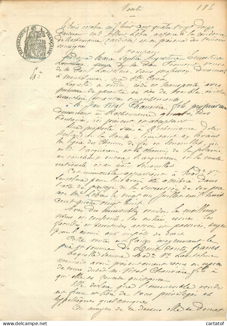 VENTE En 1892 . Notaire LEBRE Rochemaure . Mme FROMENT… - Manuscrits