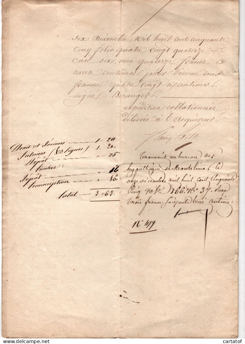 Vente MAZOYER En 1855 . BITH Notaire à Montélimar - Manuscrits