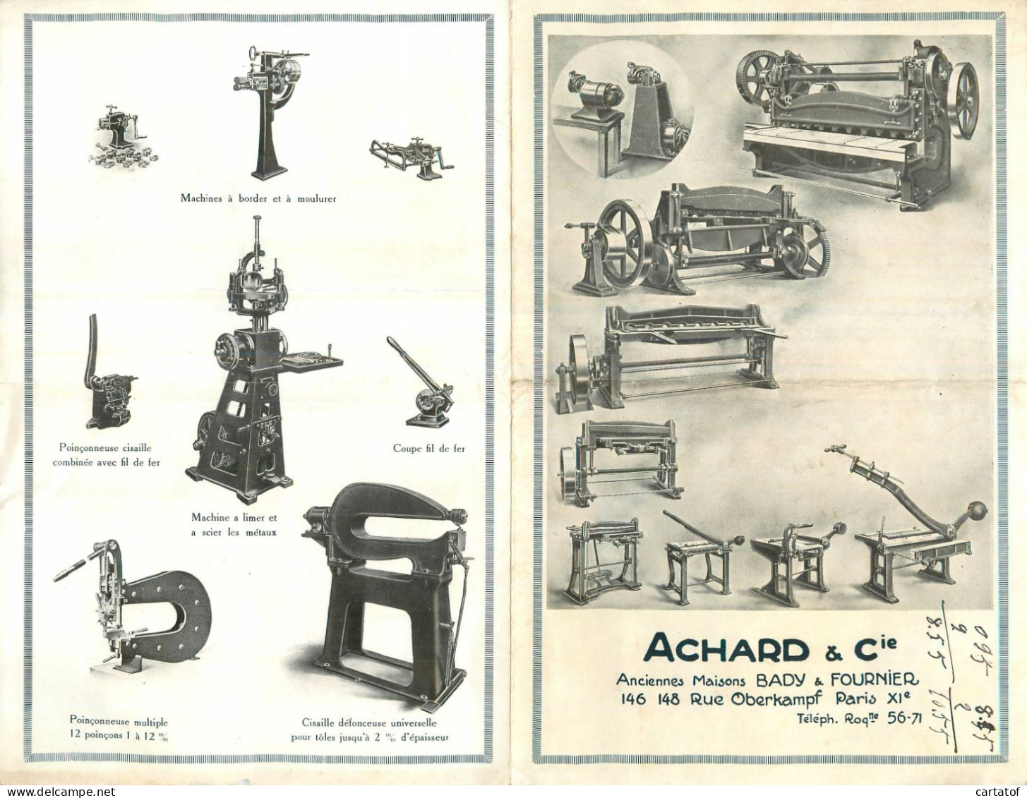 Depliant Publicitaire ACHARD & Cie BADY & FOURNIER à PARIS . Machines D'atelier - Pubblicitari