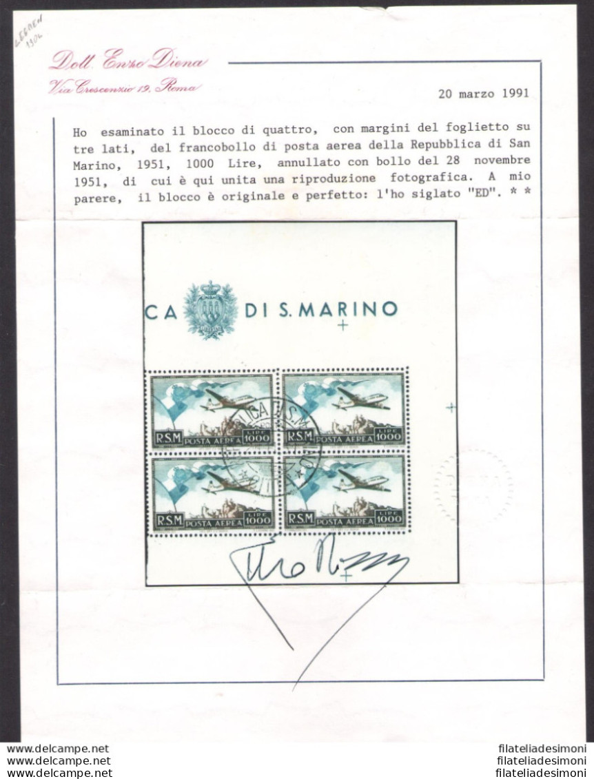 1951 SAN MARINO Posta Aerea 'Bandierone' - Blocco Di Quattro - 28-11-1951 - Catalogo Sassone N. 99 - Certificato Enzo Di - Luftpost