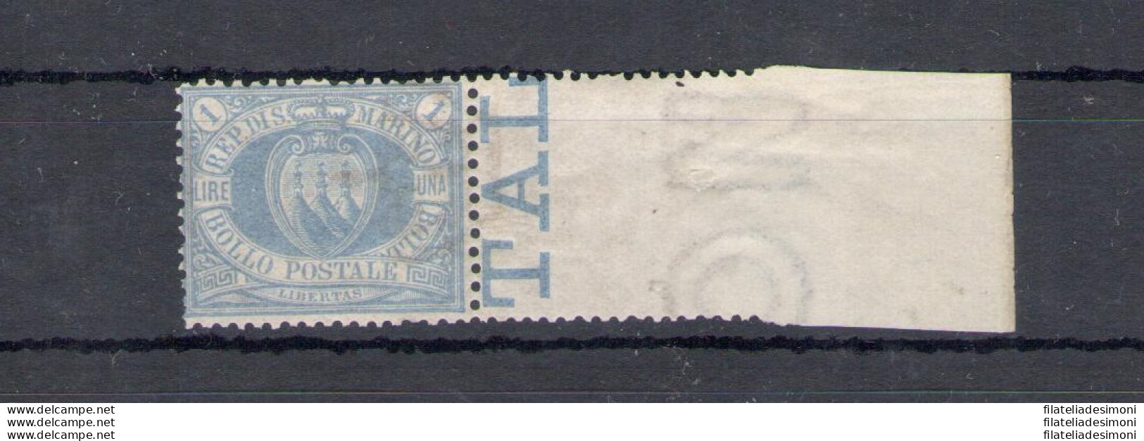 1894 San Marino, Catalogo Sassone N. 31 - 1 Lira Oltremare Bordo Di Foglio Destro - MNH** - Certificato Helmut Havi - Andere & Zonder Classificatie