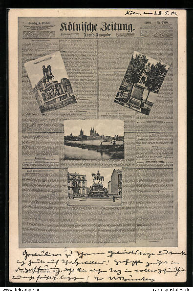 Zeitung-AK Köln, Friedrich-Wilhelm-Denkmal, Abend-Ausgabe Der Kölnischen Zeitung  - Autres & Non Classés