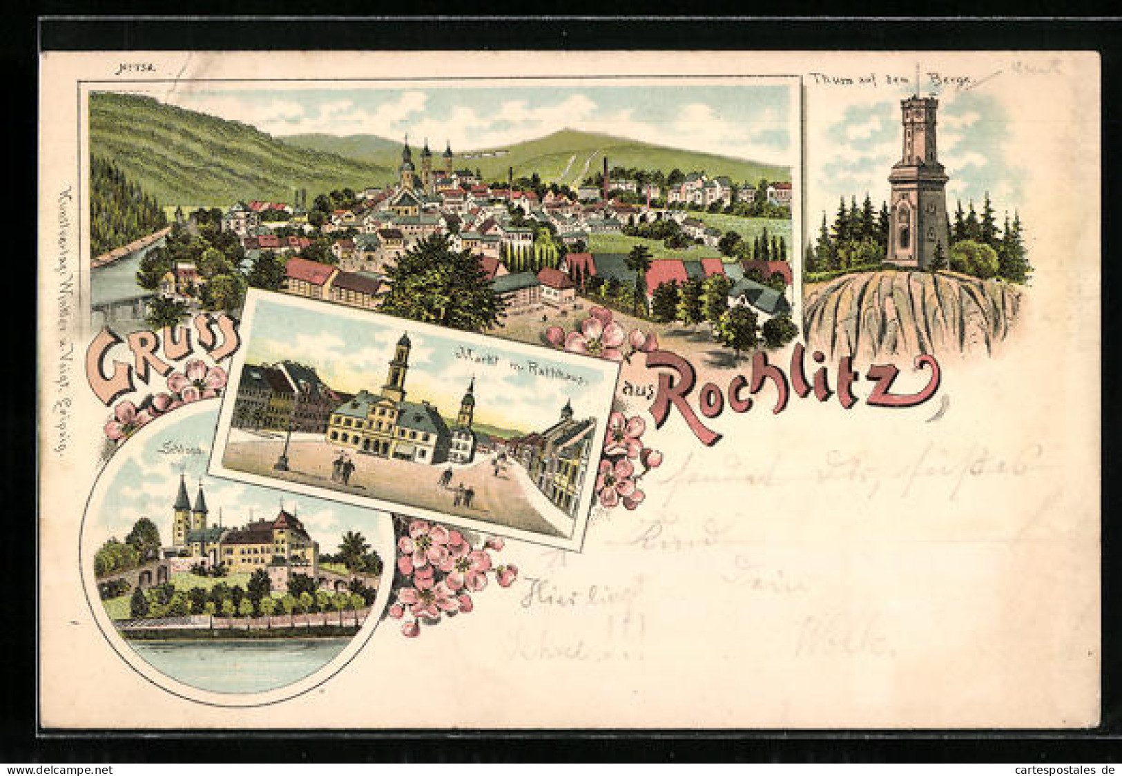 Lithographie Rochlitz, Gesamtansicht Aus Der Vogelschau, Markt Mit Rathhaus, Thurm Auf Dem Berge  - Rochlitz