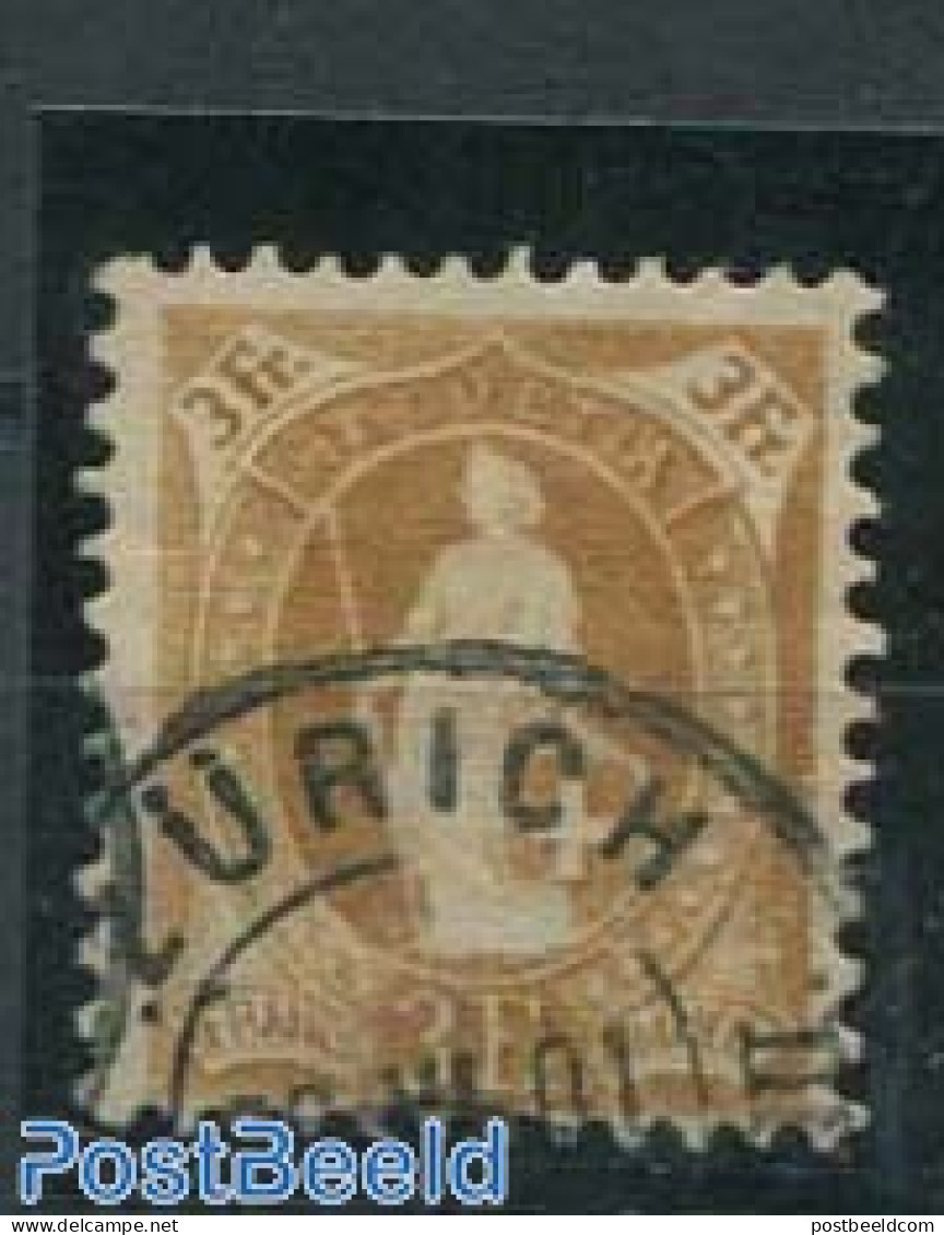 Switzerland 1882 3Fr, Brown Ochre, Blurred Print, 1Y, P.11.75:11.25, Used Stamps - Usados