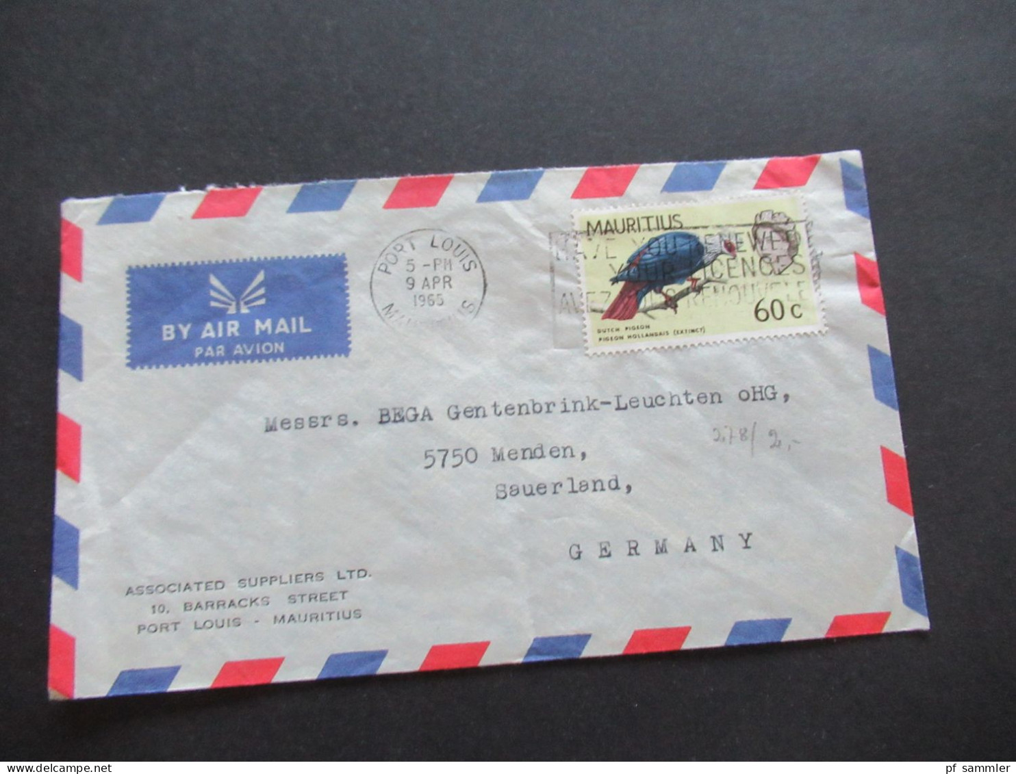 GB Kolonie Mauritius um 1964 By Air Mail Luftpost insgesamt 5 Belege / Firmenumschläge Port Louis Mauritius