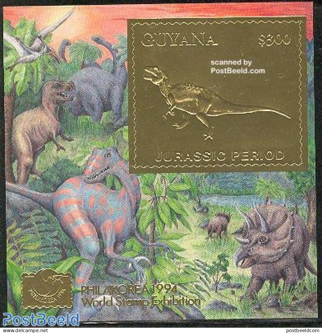 Guyana 1994 Tyrannosaurus S/s, Gold, Mint NH, Nature - Prehistoric Animals - Prehistorisch