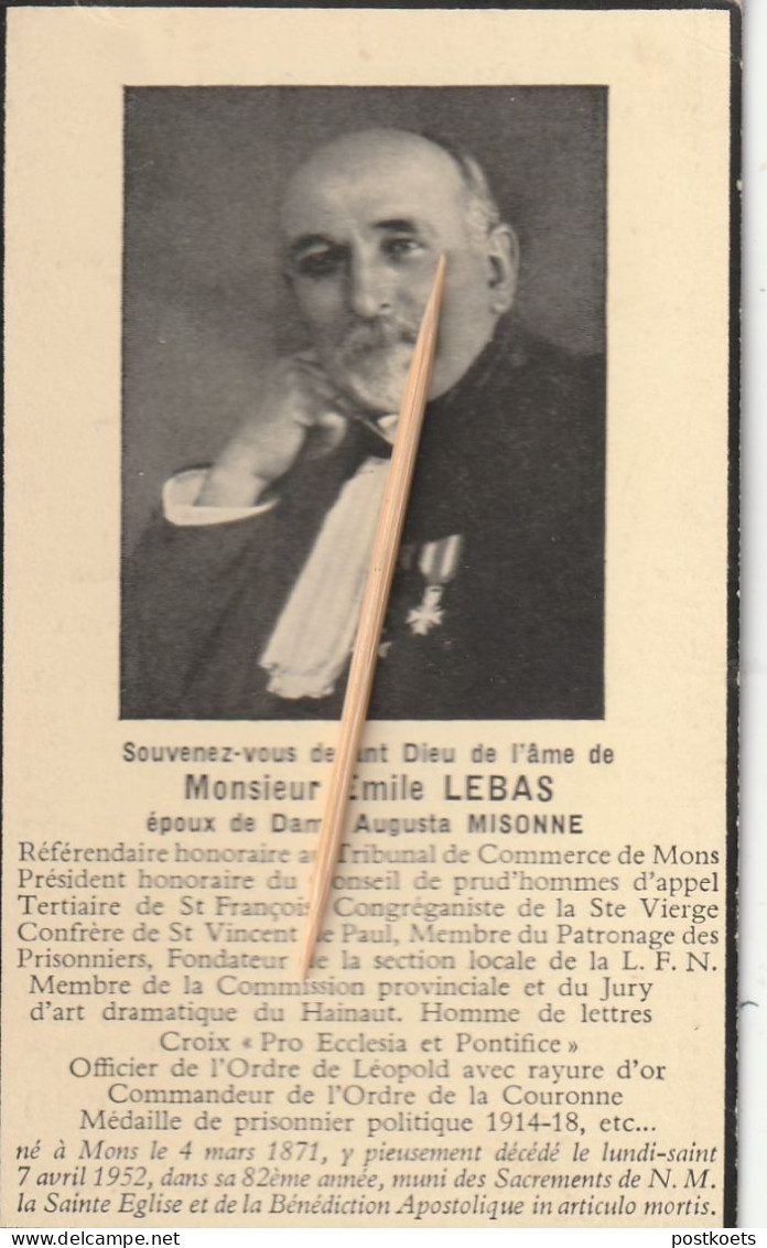 Mons, Emile Lebas, Misonne, Prisonnier Politique : 1914-18 - Devotion Images