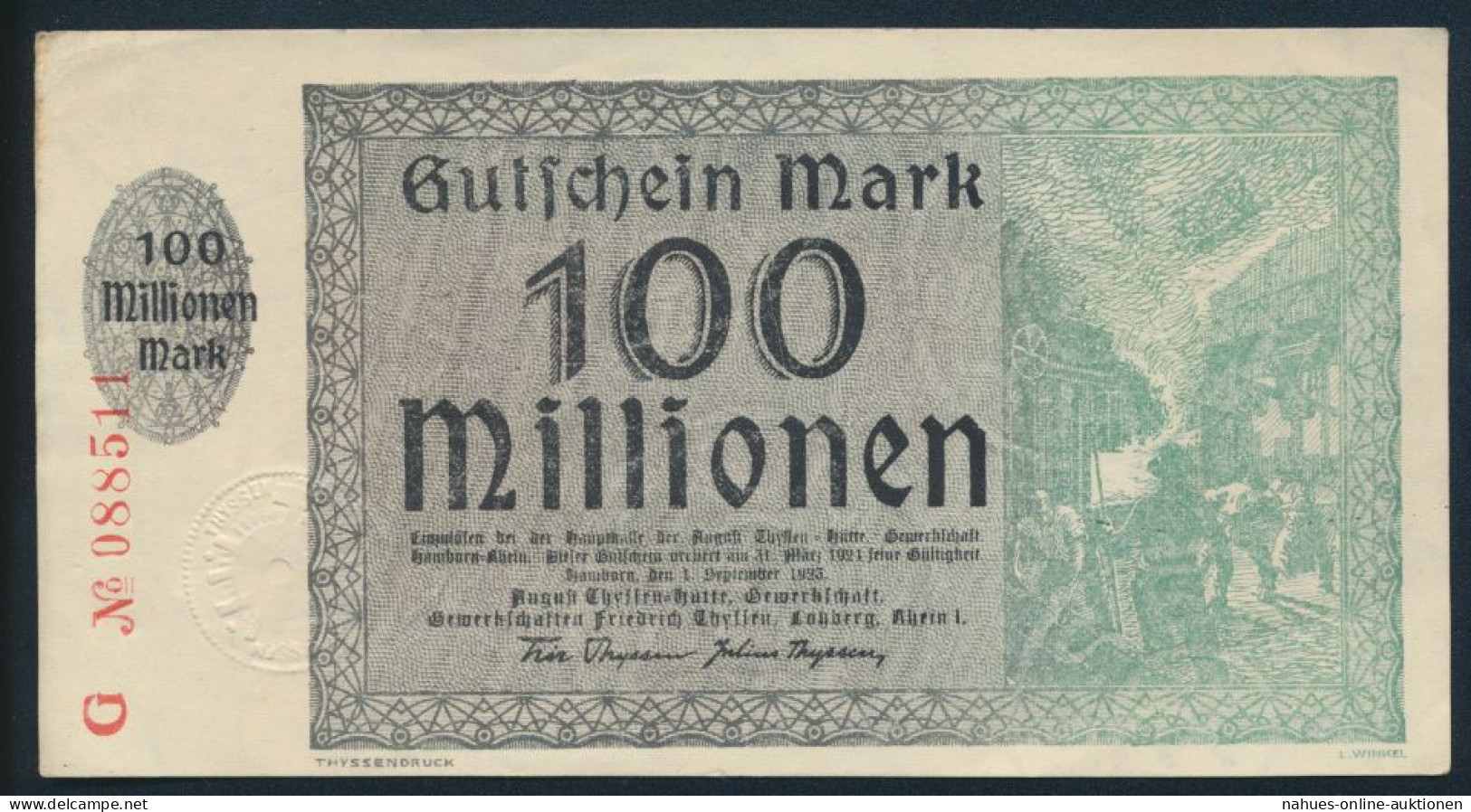 Banknote Notgeld Gutschein 100 Millionen Mark August Thyssen Hütte Hamborn Ss - Sonstige & Ohne Zuordnung