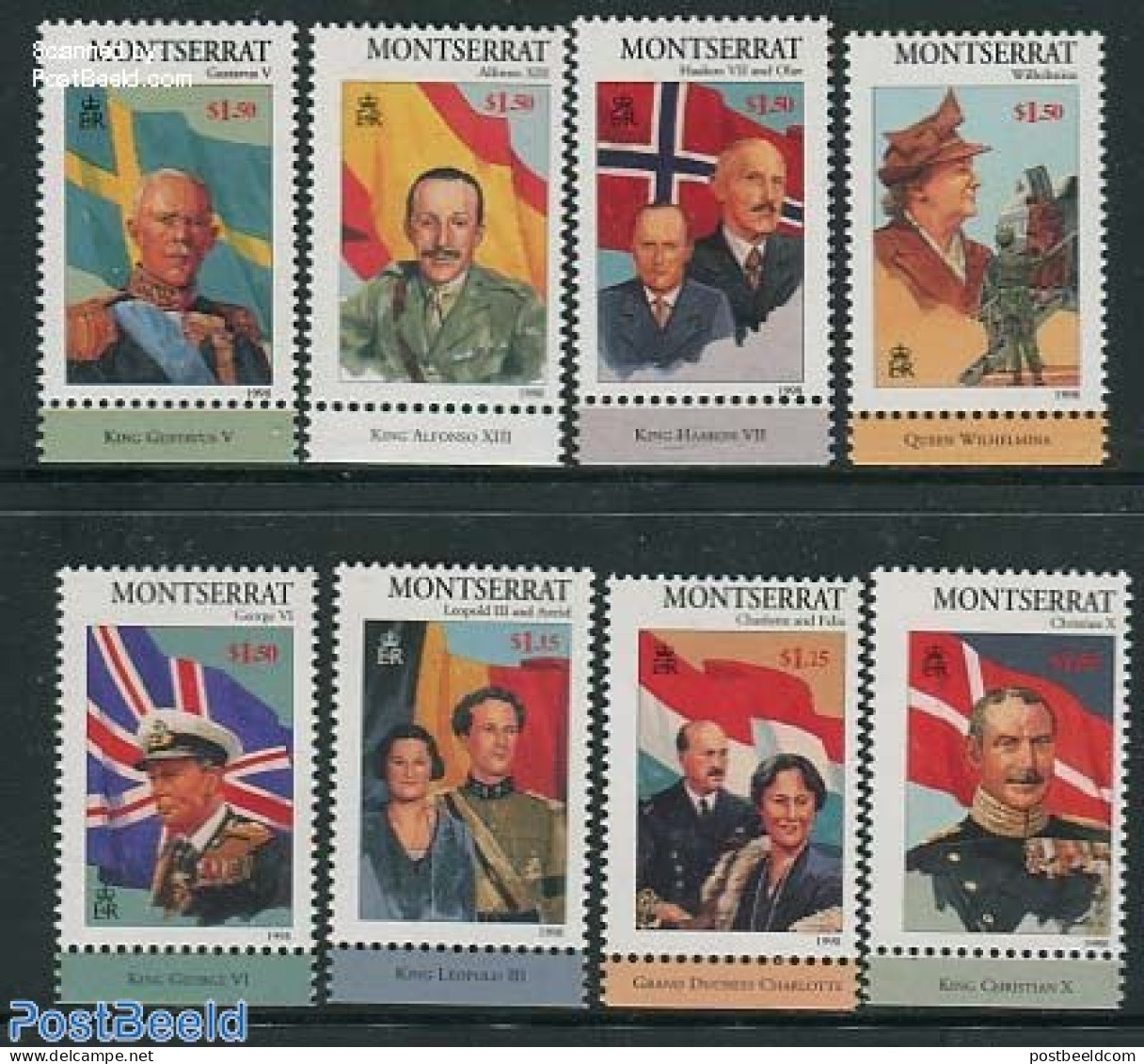 Montserrat 1998 European Monarchs 8v, Mint NH, History - Kings & Queens (Royalty) - Netherlands & Dutch - Familles Royales