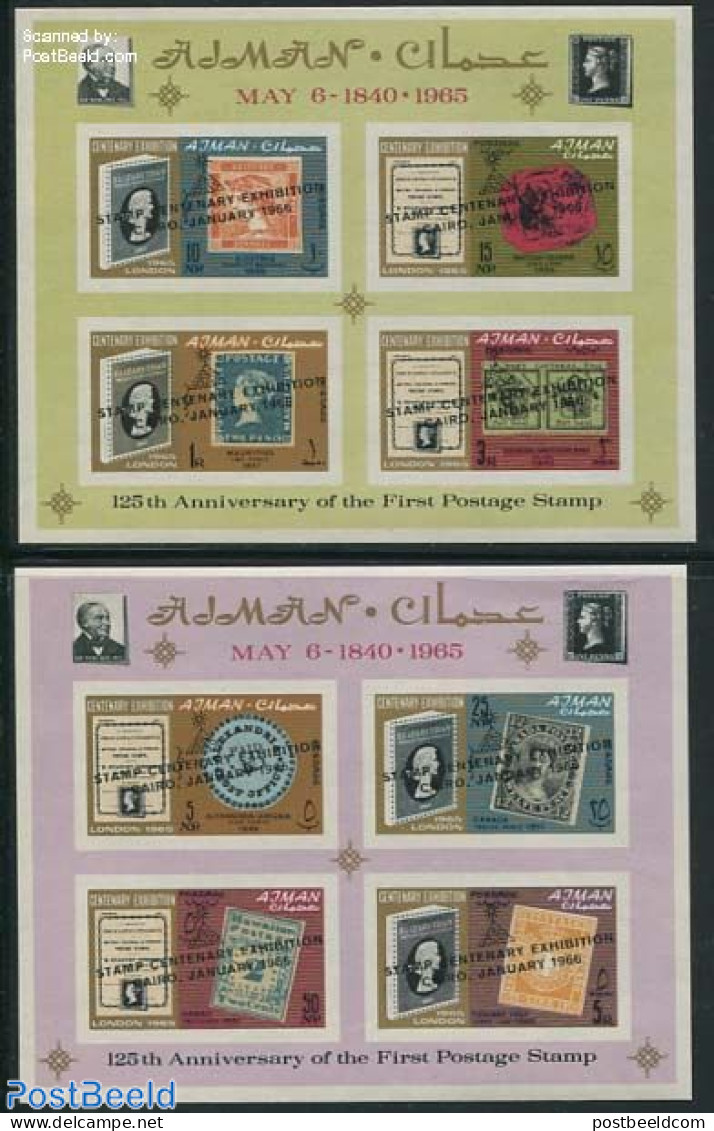 Ajman 1966 Cairo Stamp Exhibition 2 S/s (imperforated), Mint NH, Stamps On Stamps - Stamps On Stamps