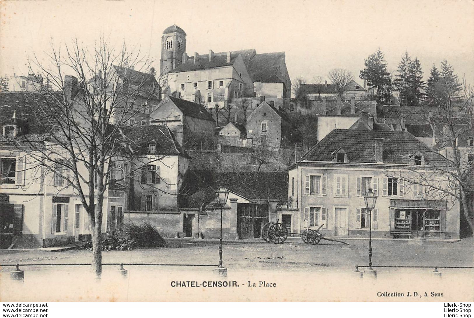 CHATEL-CENSOIR (89) La Place - Char De Débardage (pour Les Billes De Bois) - Commerce - L'Église - Coll. J.D - Autres & Non Classés