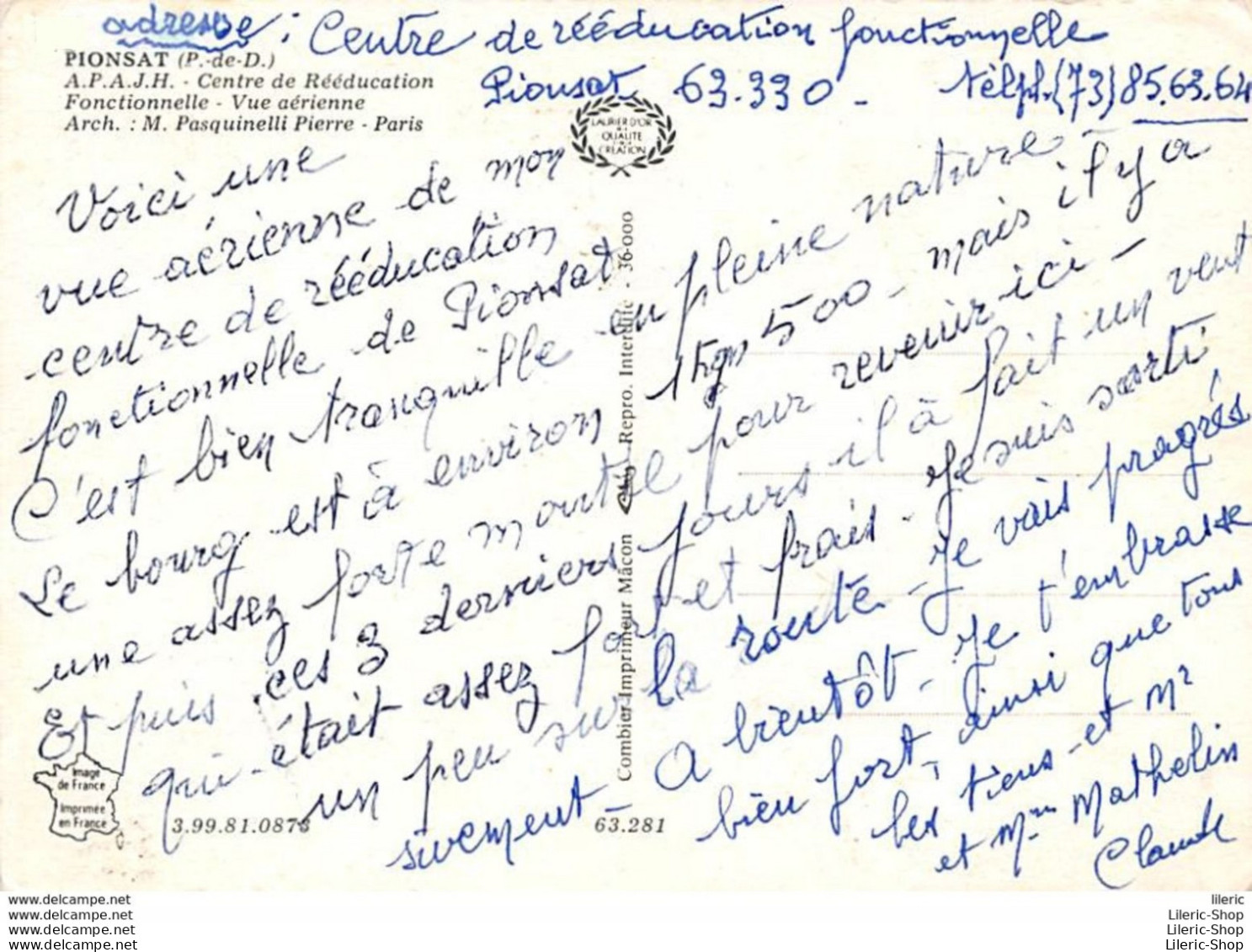 PIONSAT (63) VUE AÉRIENNE - A.P.A.J.H. - CENTRE DE REEDUCATION - ARCHITECTE PIERRE PASQUINELLI - ED. COMBIER - Sonstige & Ohne Zuordnung