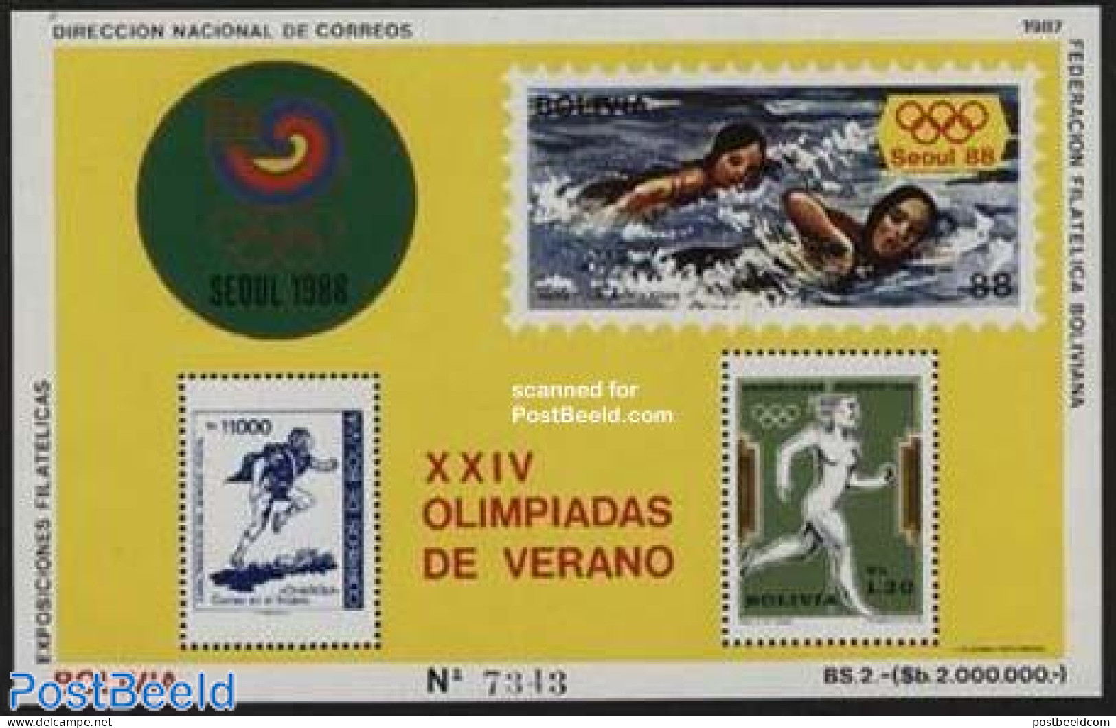 Bolivia 1987 Olympic Games S/s, Mint NH, Sport - Olympic Games - Swimming - Stamps On Stamps - Natation