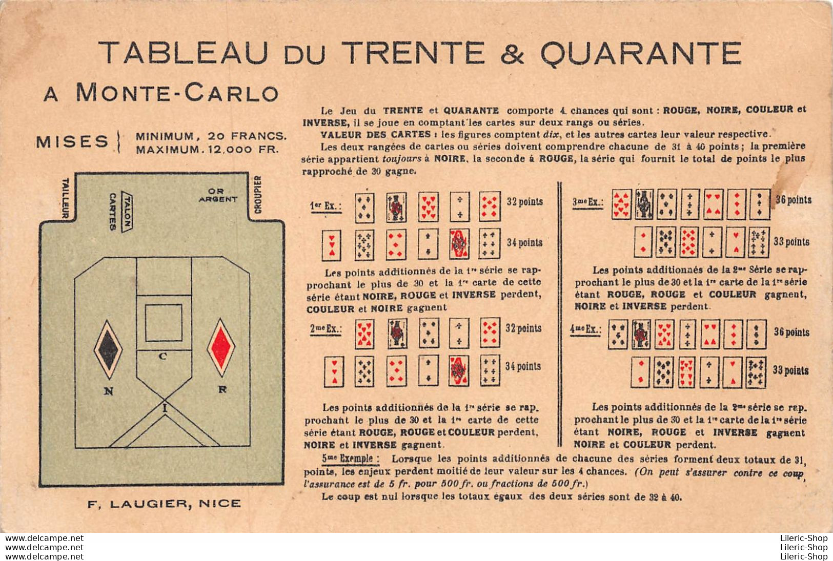 VINTAGE POSTCARD ± 1930  MONTE CARLO - Jeu De Cartes De CASINO - Tableau Du 30 & 40 - Éd. F. LAUGIER NICE - Casino