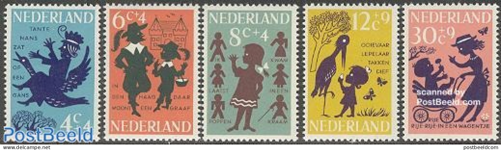 Netherlands 1963 Children Songs 5v, Mint NH, Nature - Performance Art - Butterflies - Ducks - Music - Unused Stamps