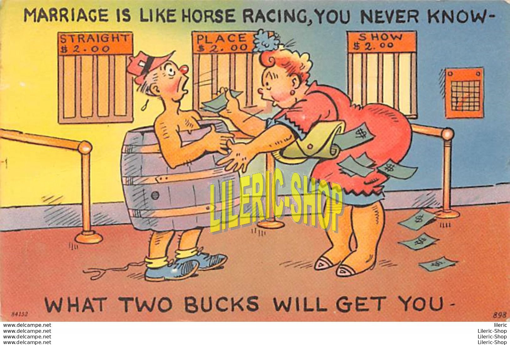 Vintage 1940s  Comic Postcard Tichnor - MARRIAGE IS LIKE HORSE RACING, YOU NEVER KNOW - Humour