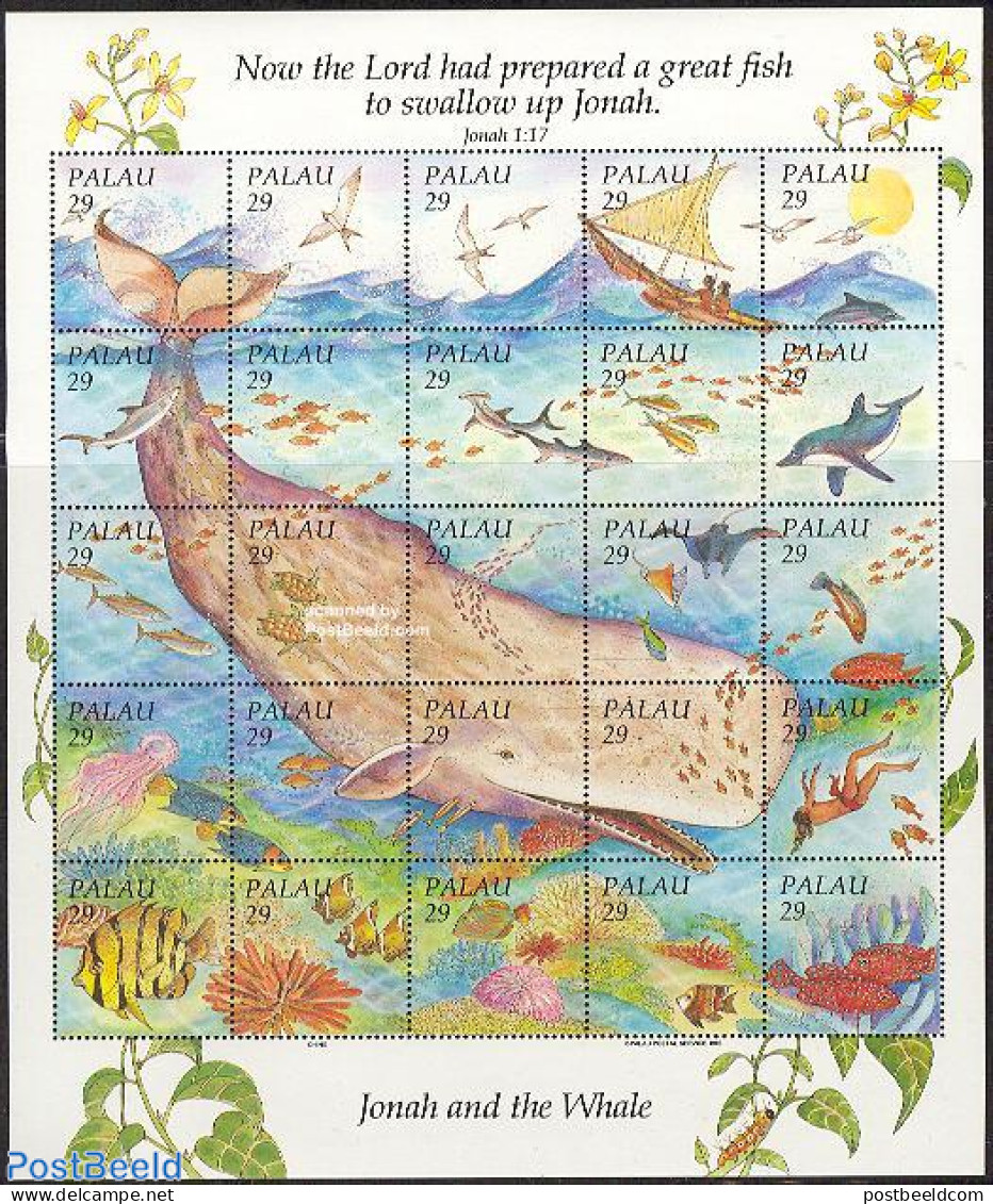 Palau 1993 Jonah And The Whale 25v M/s, Mint NH, Nature - Transport - Fish - Sea Mammals - Turtles - Ships And Boats -.. - Poissons