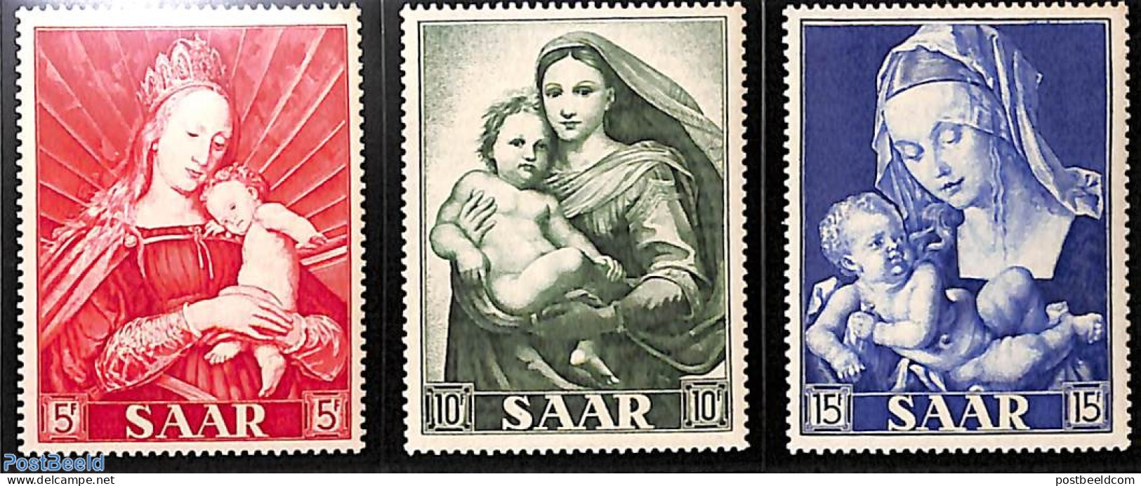 Germany, Saar 1954 Maria Year 3v, Mint NH, Religion - Religion - Art - Dürer, Albrecht - Paintings - Raphael - Andere & Zonder Classificatie