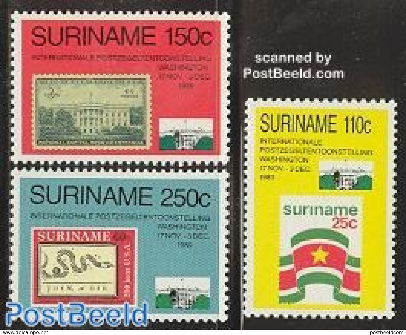 Suriname, Republic 1989 Washington Stamp Expo 3v, Mint NH, History - United Nations - Stamps On Stamps - Stamps On Stamps