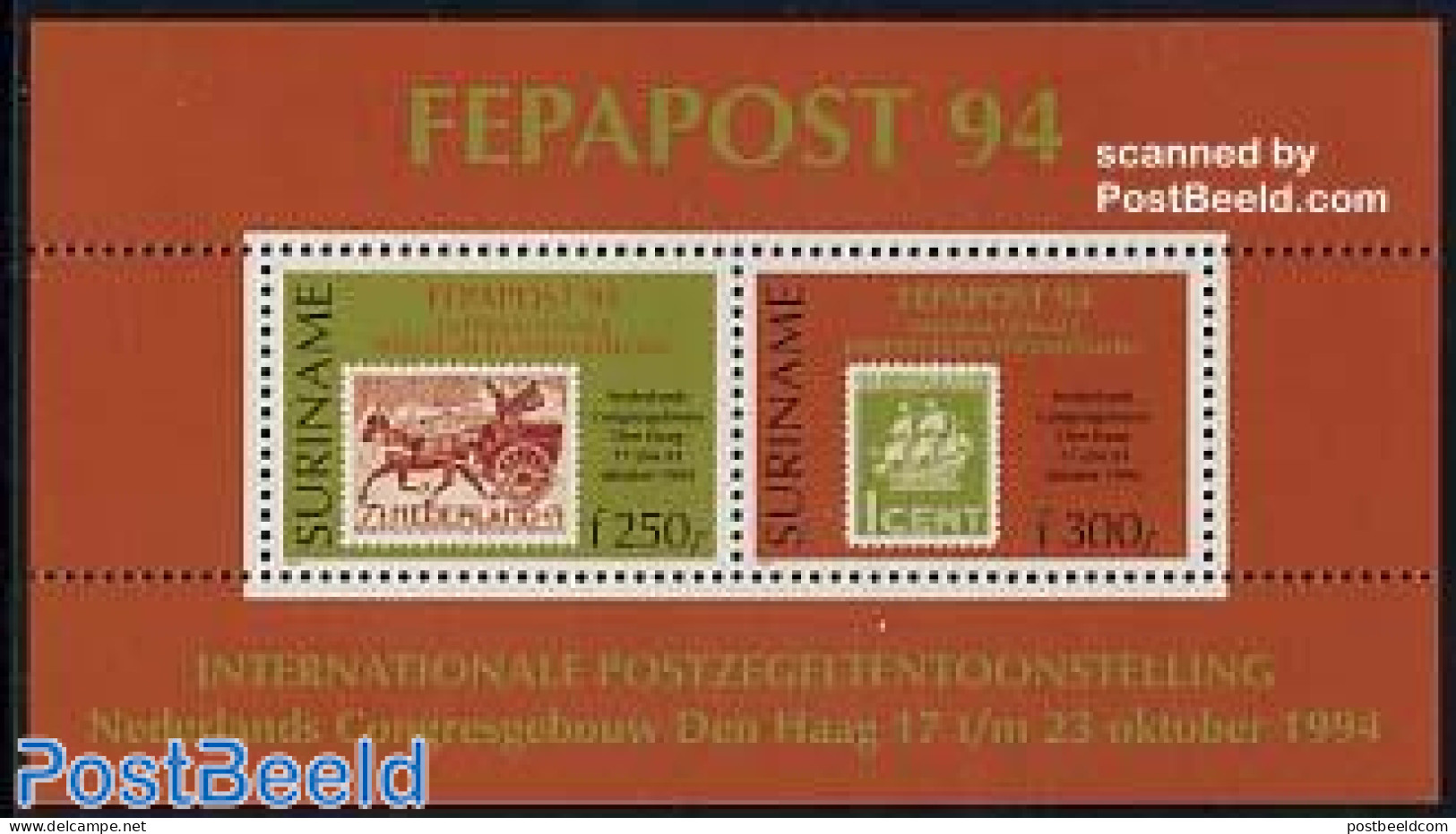 Suriname, Republic 1994 Fepapost S/s, Mint NH, Stamps On Stamps - Stamps On Stamps