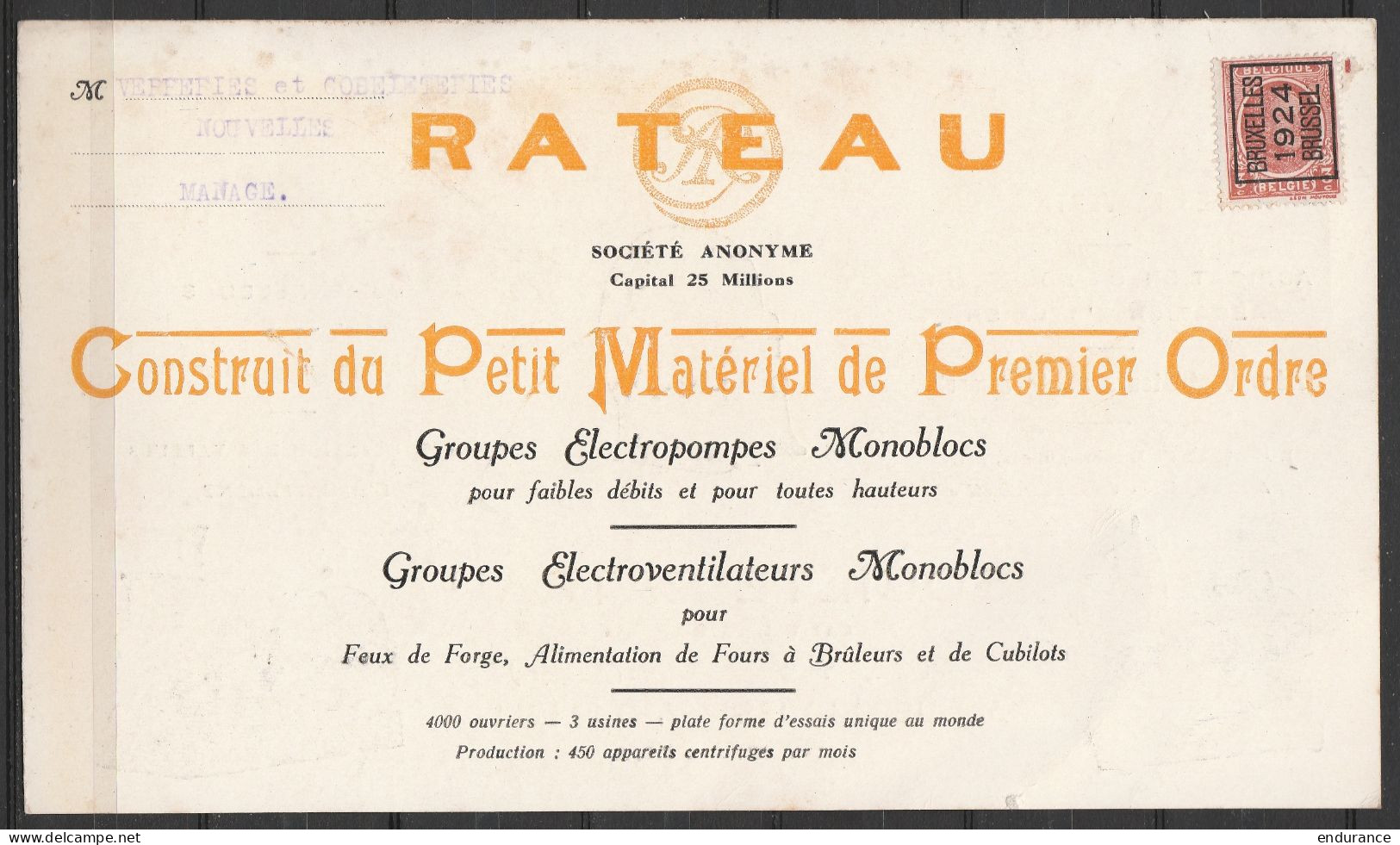 Pub Pompes & Ventilateurs RATEAU Affr. PREO Houyoux 3c 1924 Pour Verreries Et Gobleteries Nouvelles à MANAGE - Typo Precancels 1922-31 (Houyoux)