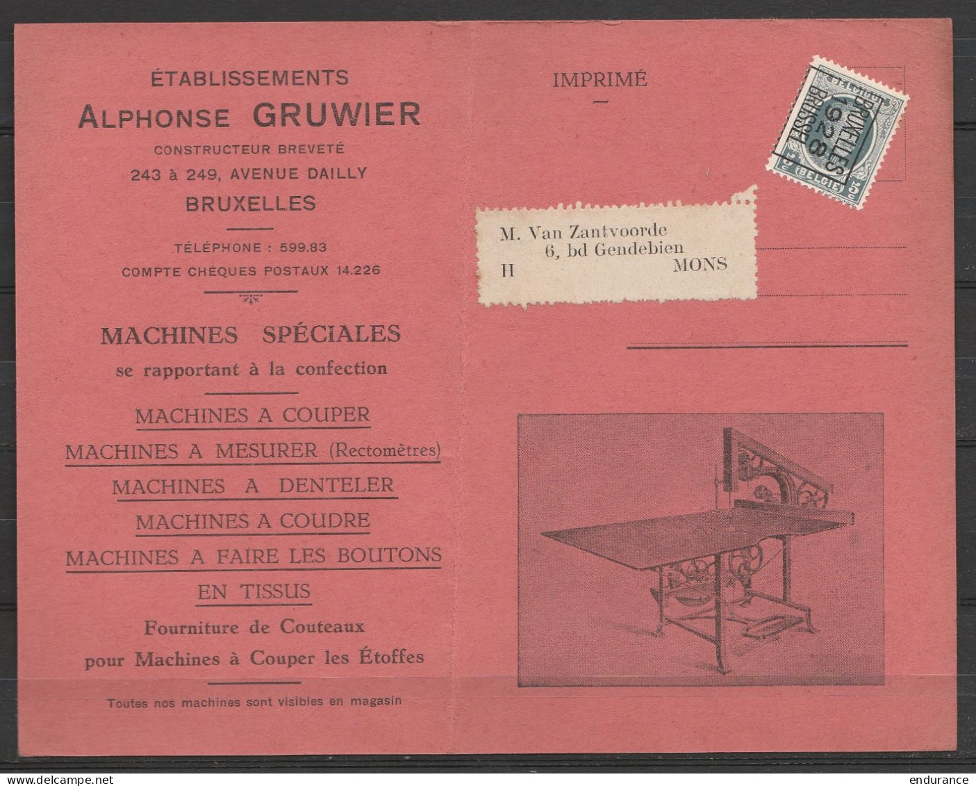 Pub Machines à Coudre, … GRUWIER Affr. PREO Houyoux 5c 1928 Pour MONS. - Typografisch 1922-31 (Houyoux)