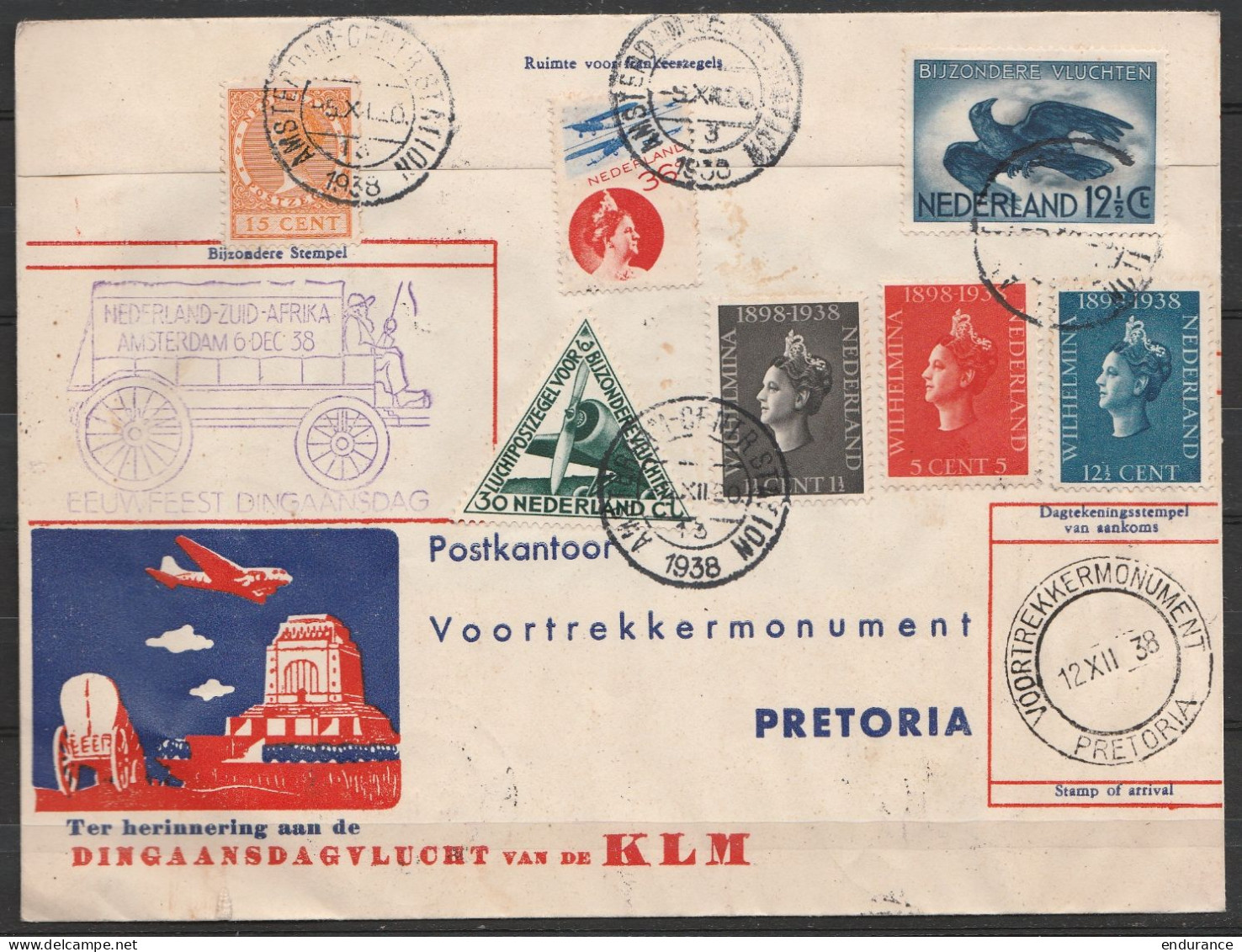 Pays-Bas / Afrique Du Sud - Pli Commémoratif "Dingaansdagvlucht Van De KLM" Càd AMSTERDAM /-5.XII.1938 Pour PRETORIA Et  - Luftpost