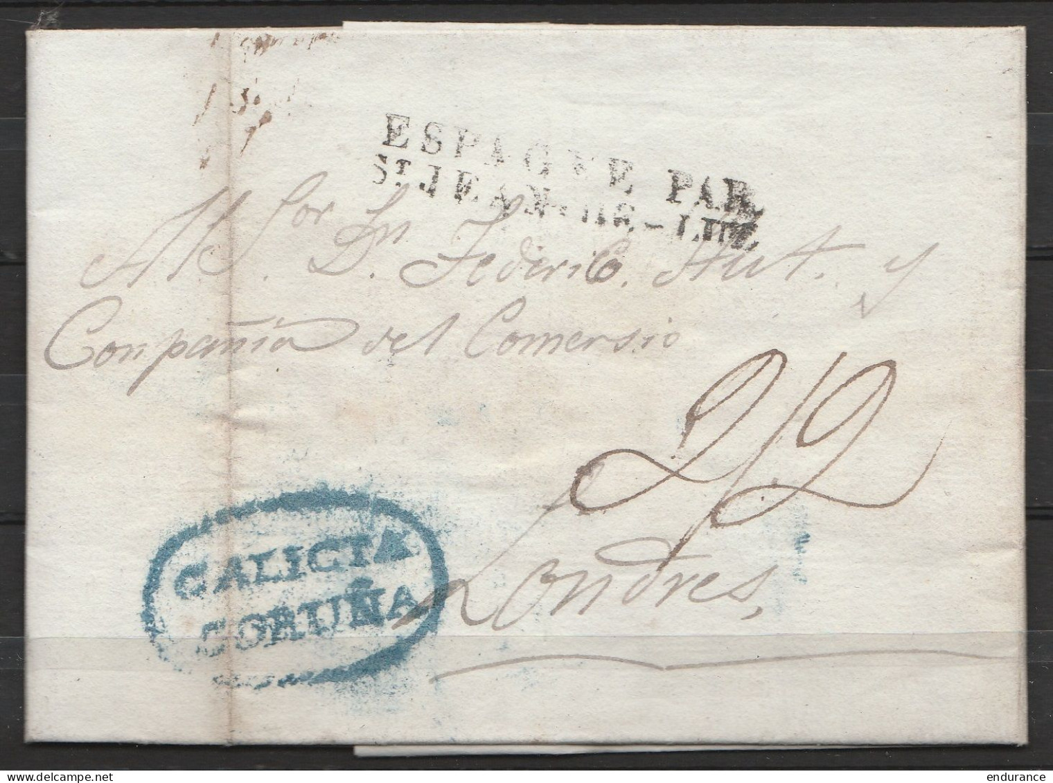 Espagne - L. Datée 14 Janvier 1832 De CORUÑA Pour LONDRES - Griffe "Espagne PAR / St.JEAN-DE-LUZ" + Cachet "GALICIA / CO - ...-1850 Préphilatélie