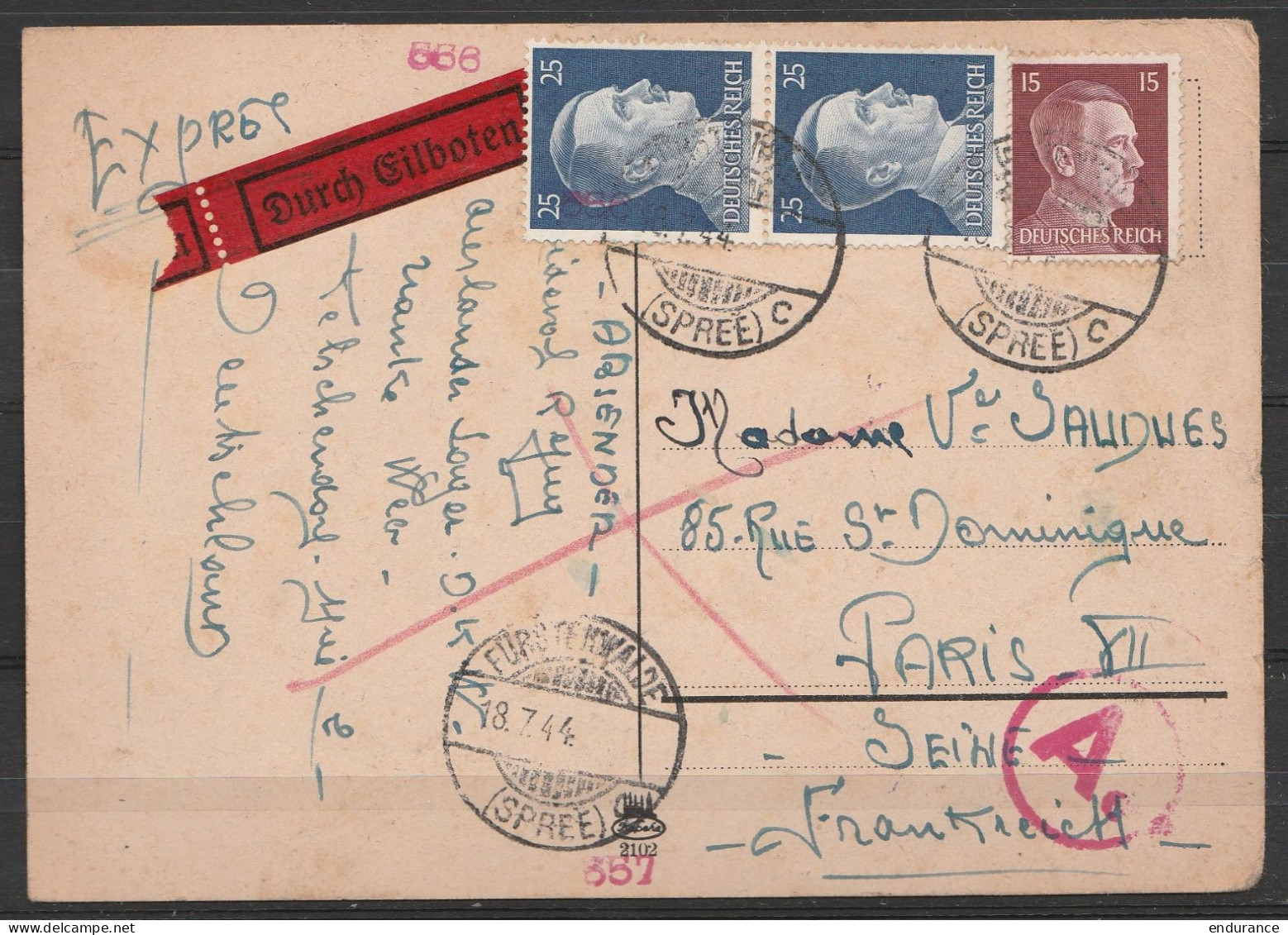 Allemagne - CP Exprès D'un Prisonnier Affr. 65pf Càpt FÜRSTENWALDE /18.7.1944/ (SPREE) Pour PARIS - Cachet Censure Ronde - WW II