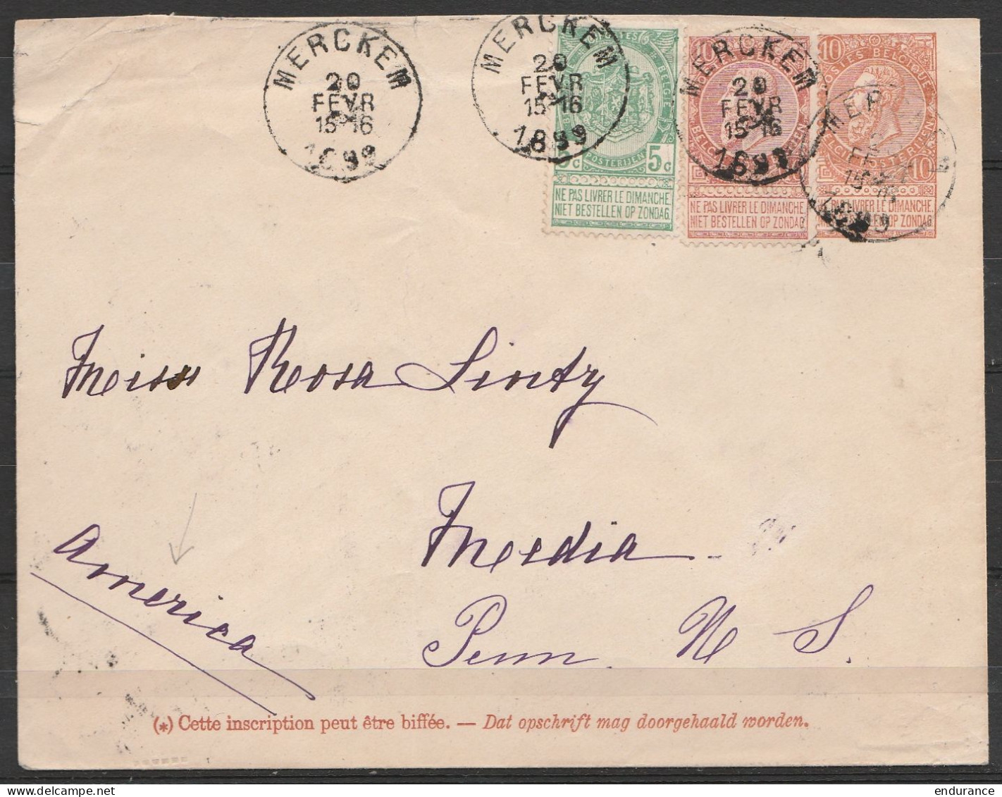 Entier Postal 10c + N°56+57 Càd MERCKEM /20 FEVR 1899 Pour Les Etats-Unis (Pensylvannie) (au Doc: Flam NEW YORK - 1893-1900 Fine Barbe