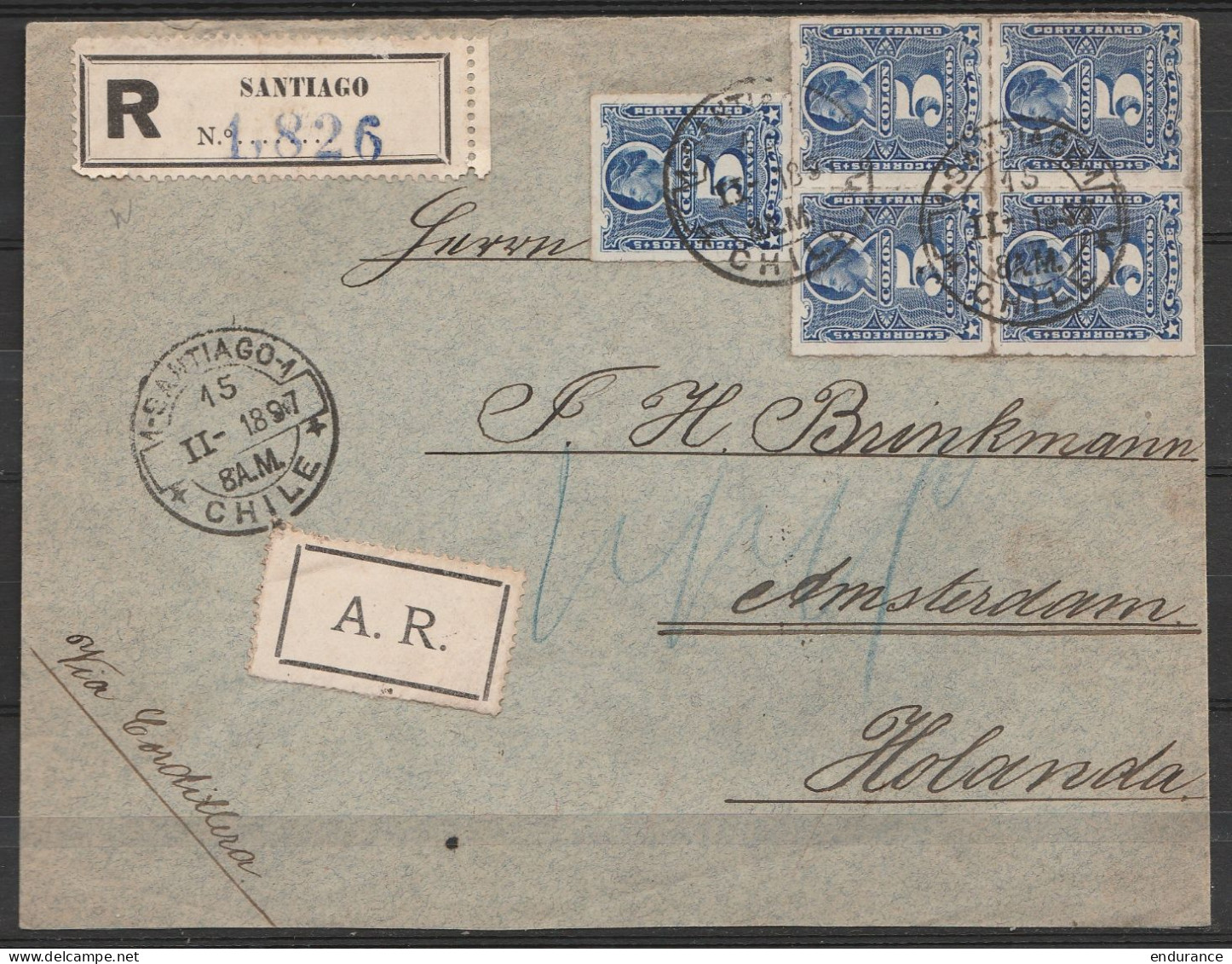 Chili - L. Recommandée A.R. Affr. 5x5c Càd SANTIAGO /15 II 1897 Pour AMSTERDAM Via Cordillera (au Dos: Càd BUENOS AIRES  - Chile