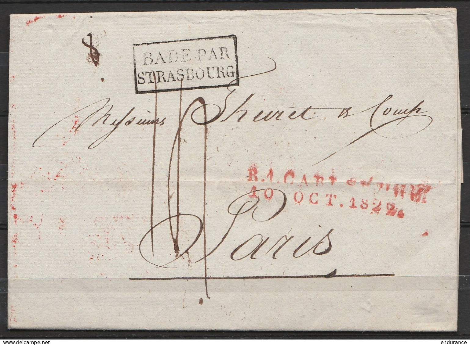 L. Datée 10 Octobre 1822 De CARLSRUHE Pour PARIS - Encadr. [BADE PAR STRASBOURG] - Griffe "R.1. CABt …./ 10 OCT.1822" -  - 1801-1848: Precursors XIX