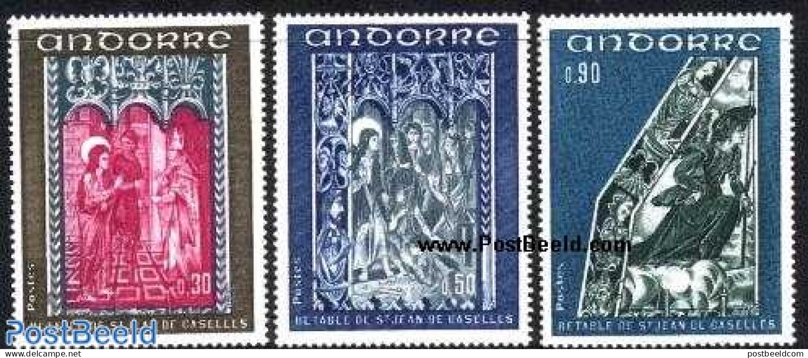 Andorra, French Post 1972 Frescos 3v, Mint NH, Religion - Religion - Art - Paintings - Ungebraucht