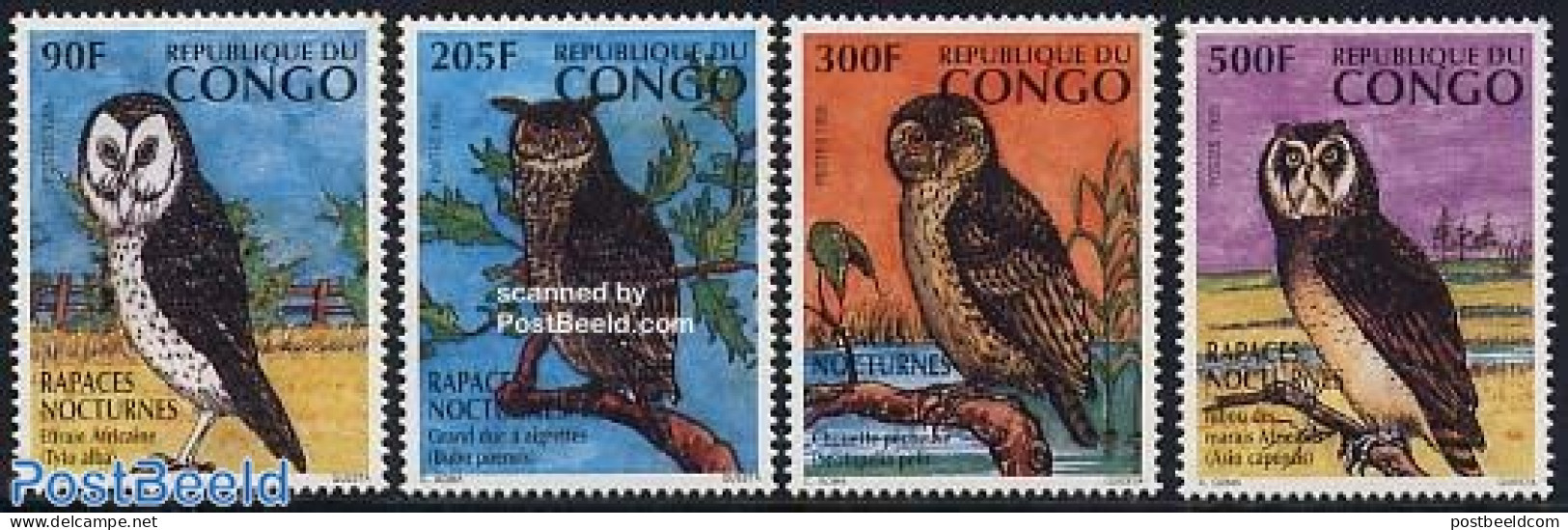 Congo Republic 1996 Owls 4v, Mint NH, Nature - Birds - Birds Of Prey - Owls - Other & Unclassified