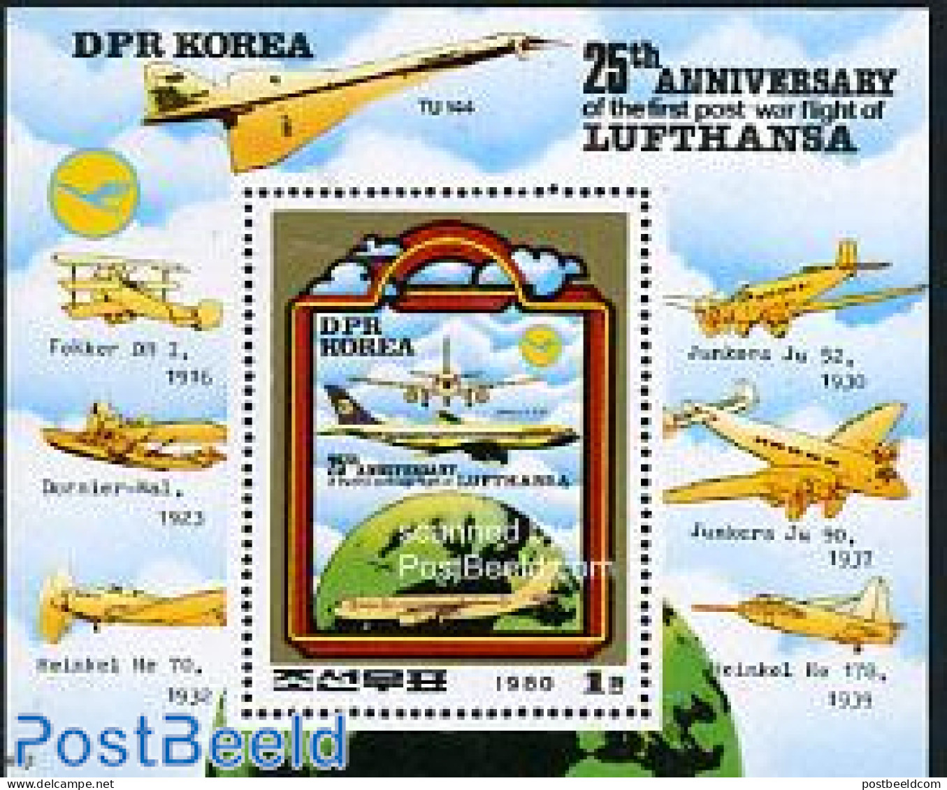 Korea, North 1980 First Post-war Flight Of Lufthansa S/s, Mint NH, Transport - Various - Aircraft & Aviation - Globes - Vliegtuigen